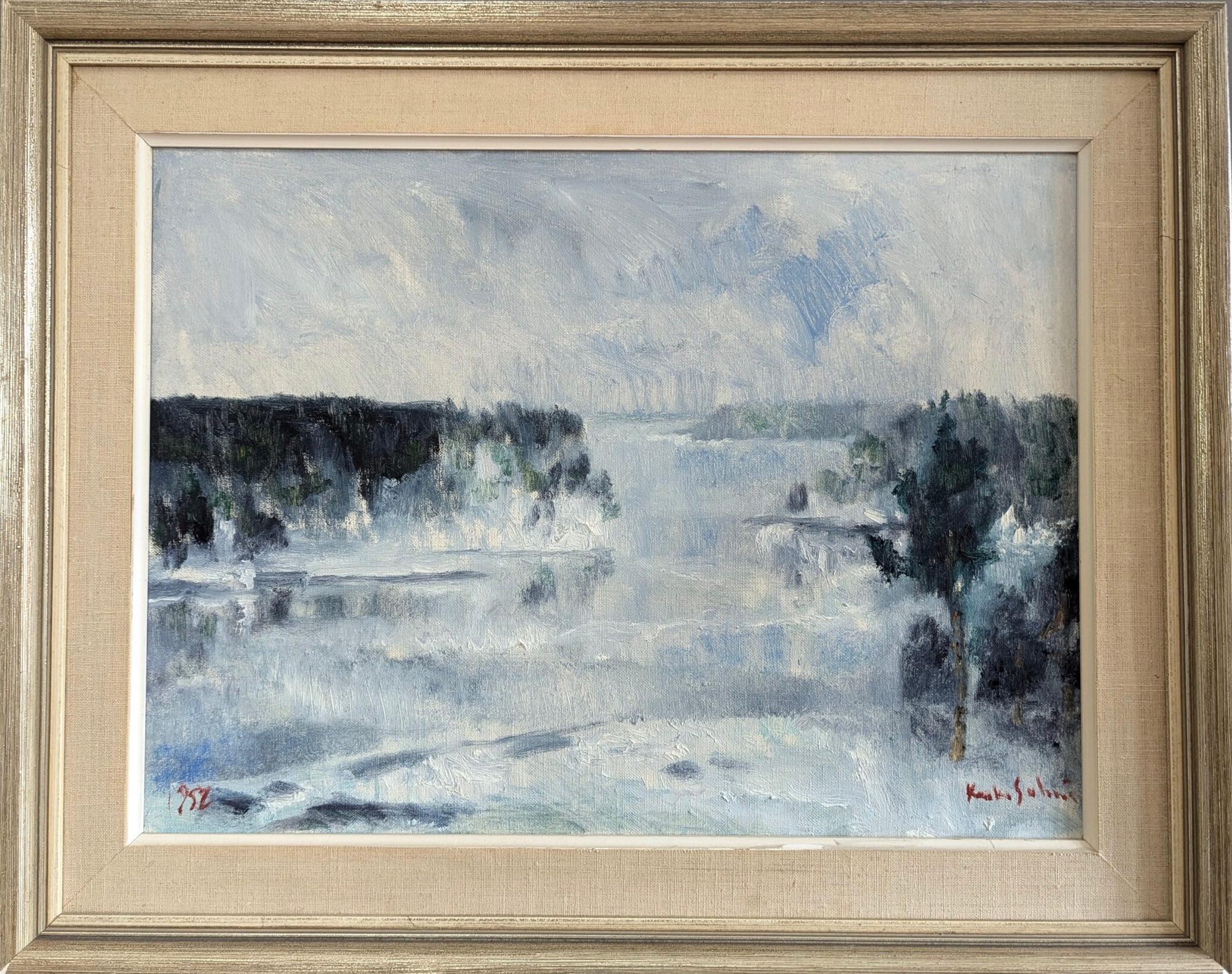 Unknown Landscape Painting - 1952 Vintage Mid-Century Modern Landscape Framed Oil Painting - Winter Fog