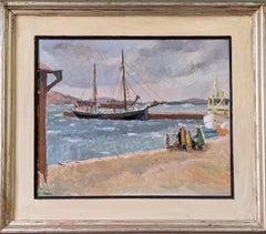 1952 Vintage Mid-Century Seascape Framed Oil Painting - Watching the Boats