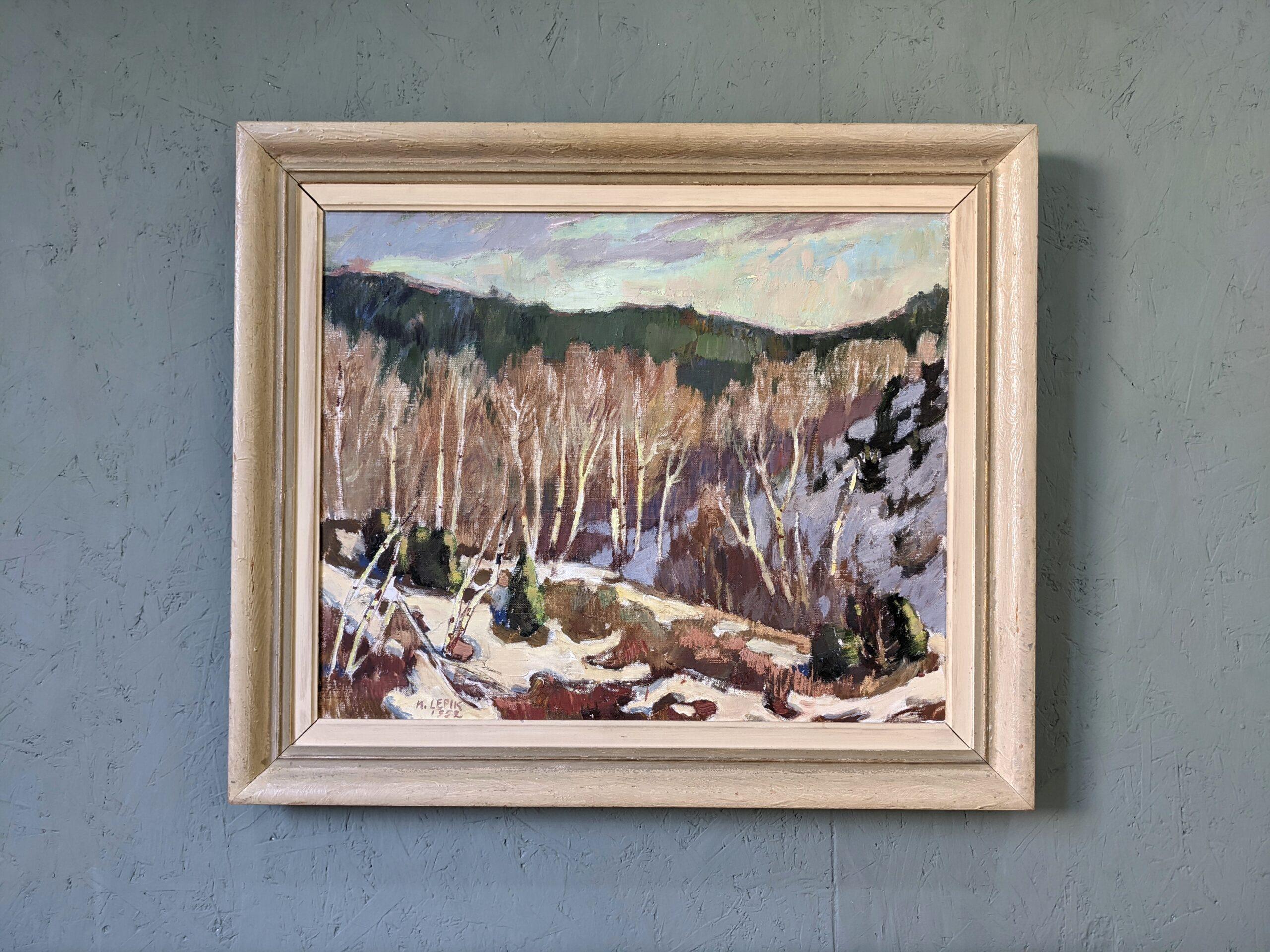 1952 Vintage Mid-Century Swedish Landscape Oil Painting - Alp Trees, Framed For Sale 9