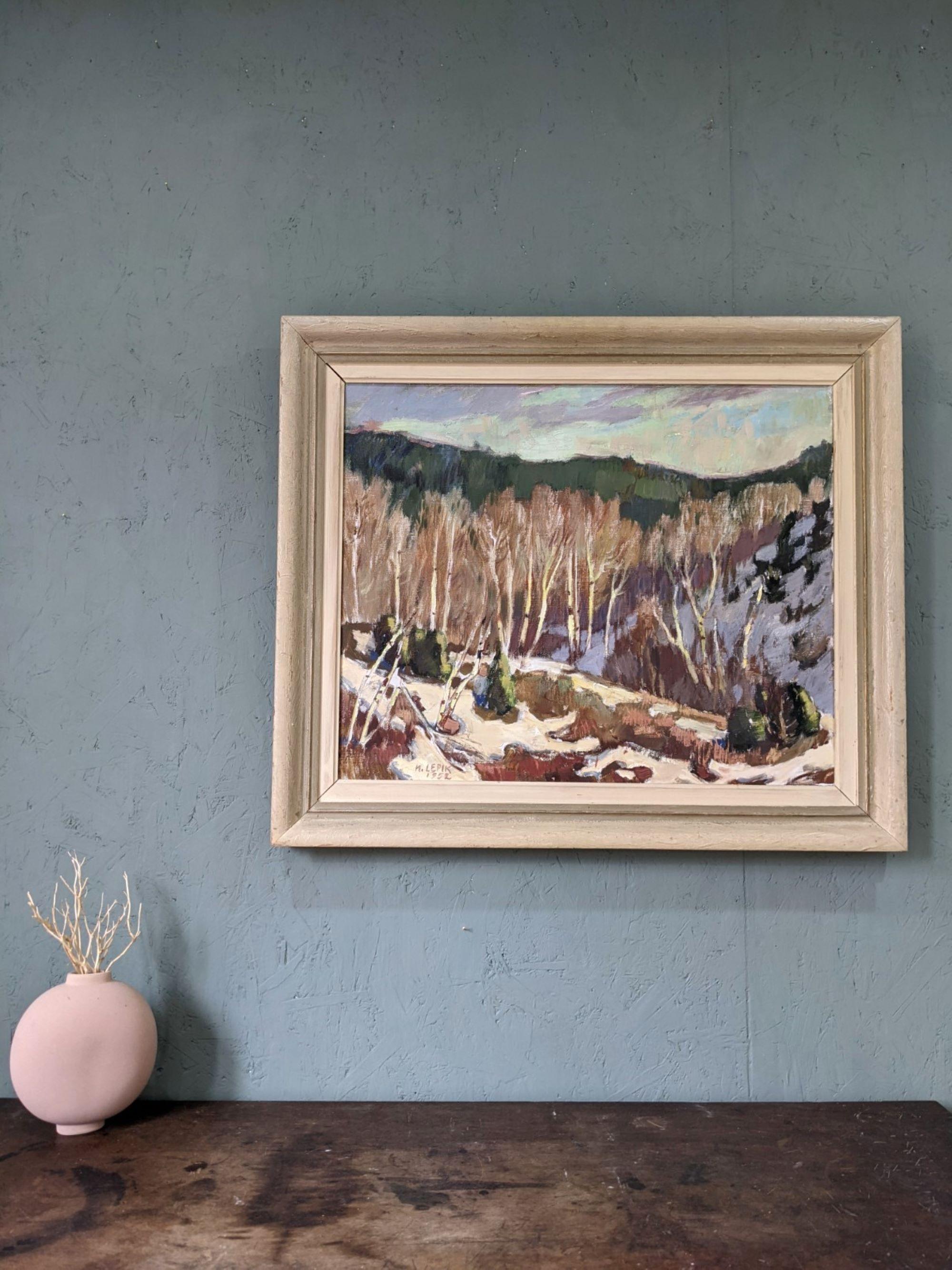 ALP TREES
Size: 64 x 74.5 cm (including frame)
Oil on canvas

A vibrant modernist style nature landscape composition, executed in oil onto canvas and painted in 1952.

Featuring a rich and vivid colour palette in earthy tones, this snow-filled alp