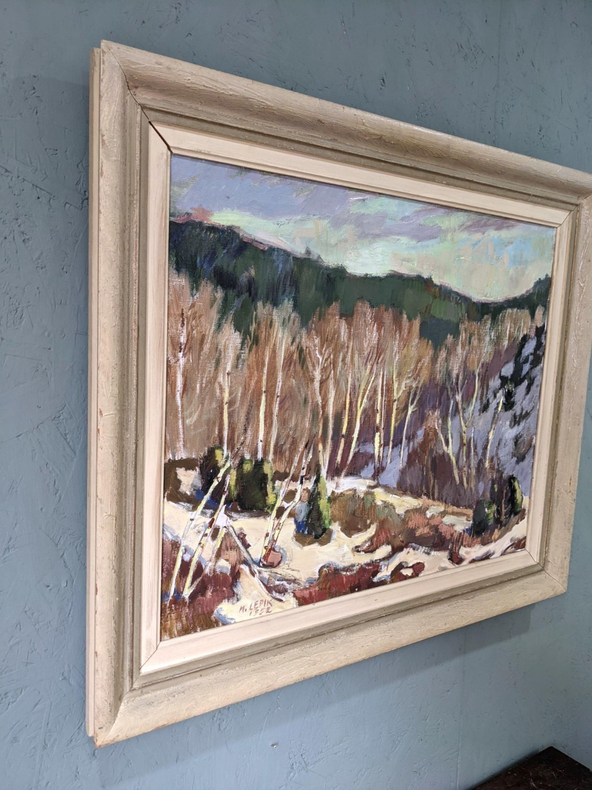 1952 Vintage Mid-Century Swedish Landscape Oil Painting - Alp Trees, Framed For Sale 5