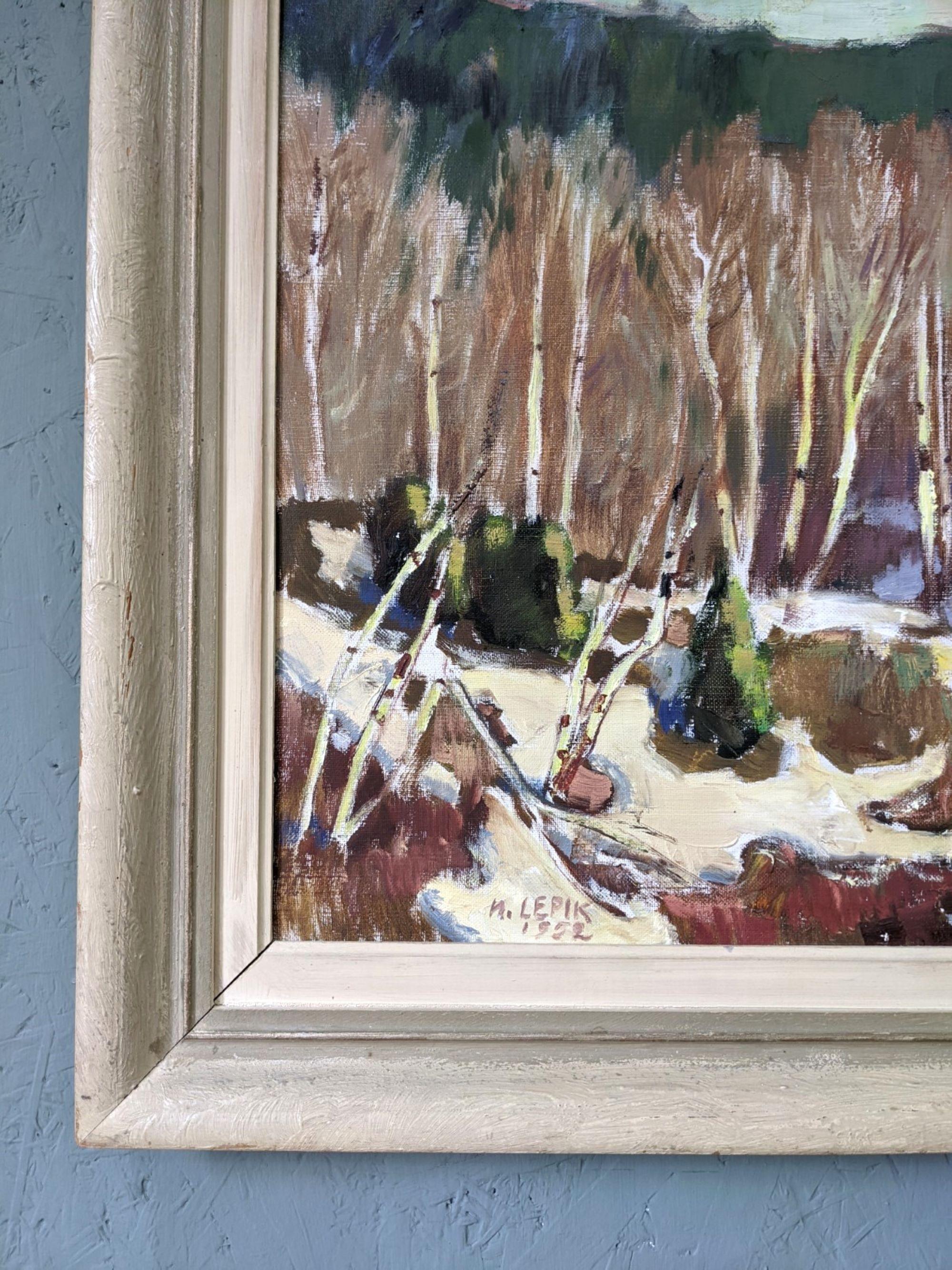 1952 Vintage Mid-Century Swedish Landscape Oil Painting - Alp Trees, Framed For Sale 7