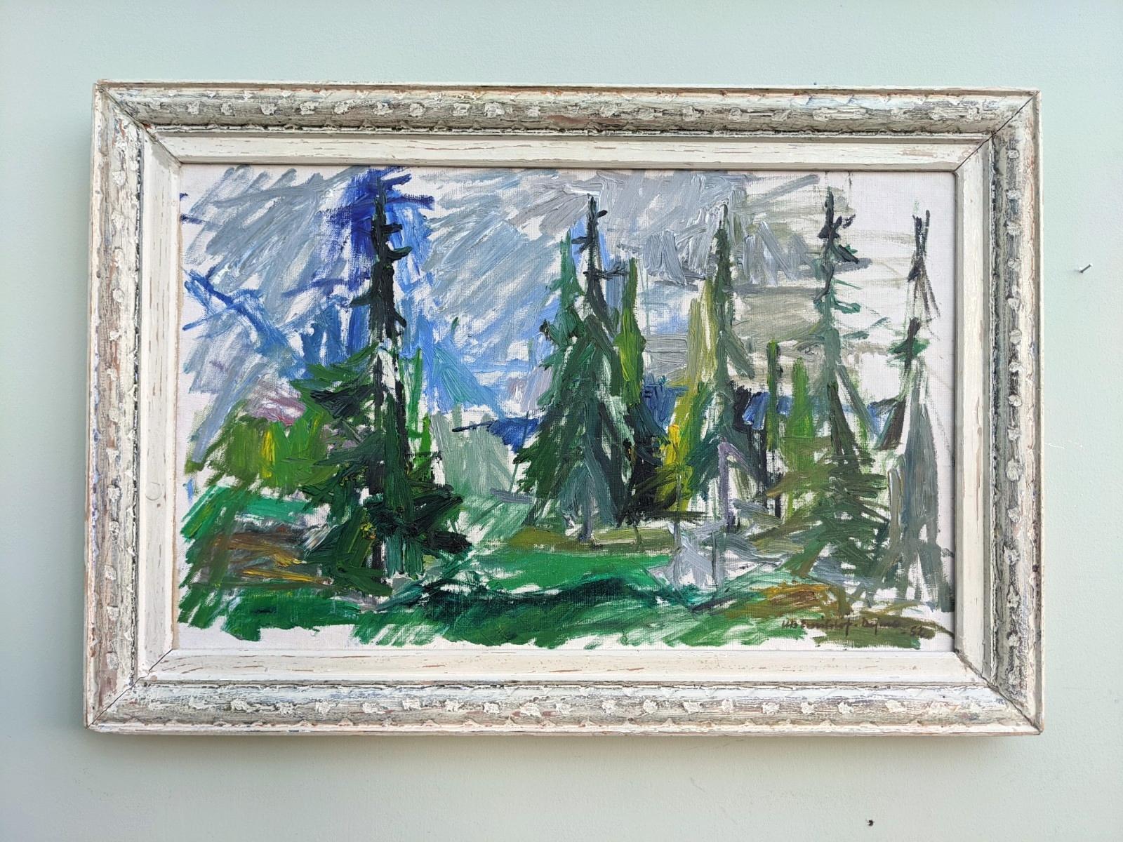 1952 Vintage Expressionist Swedish Framed Landscape Oil Painting - Alpine - Gray Landscape Painting by Unknown