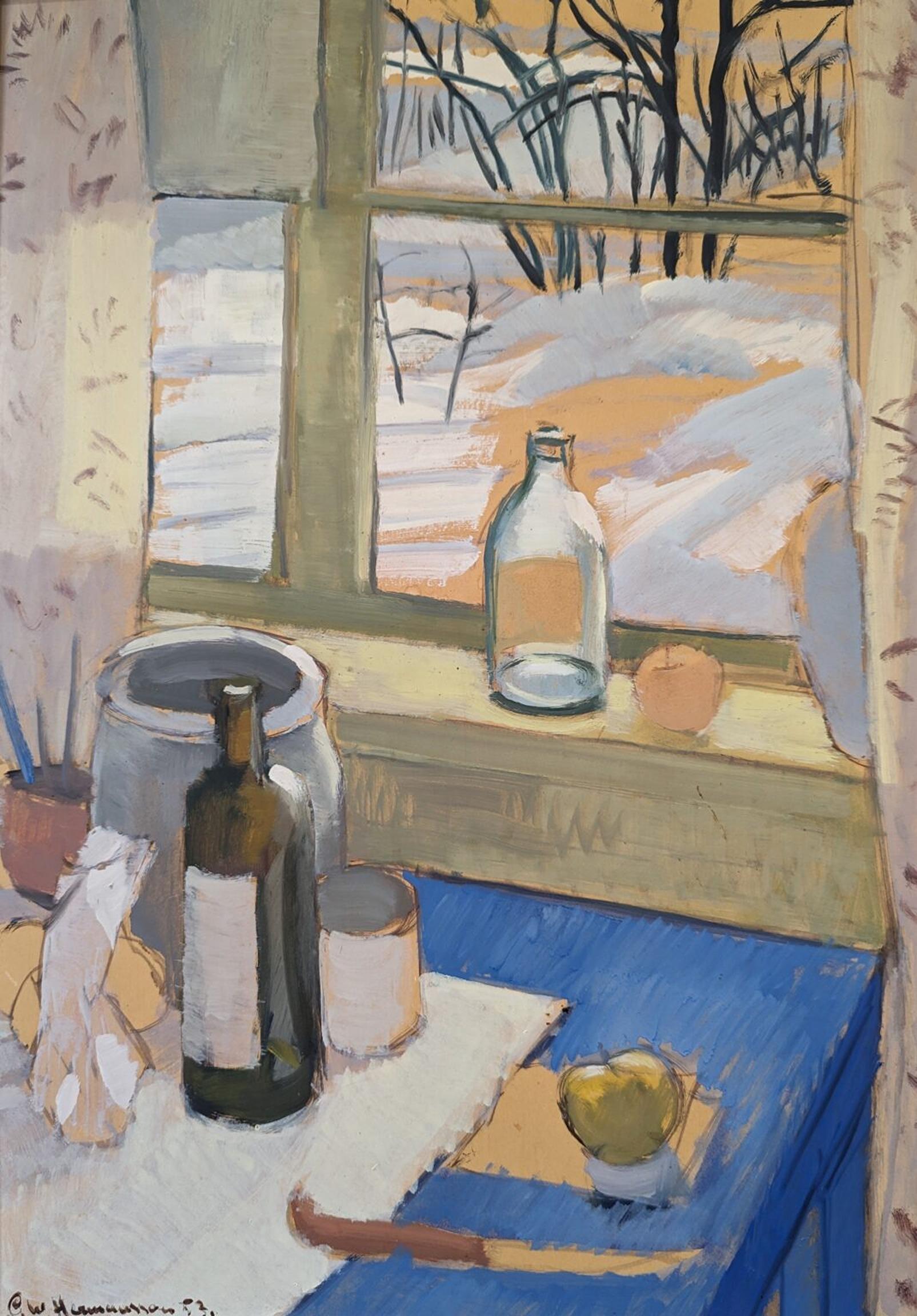 1953 Mid-Century Interior Still Life Framed Oil Painting - Window Table Setting 8
