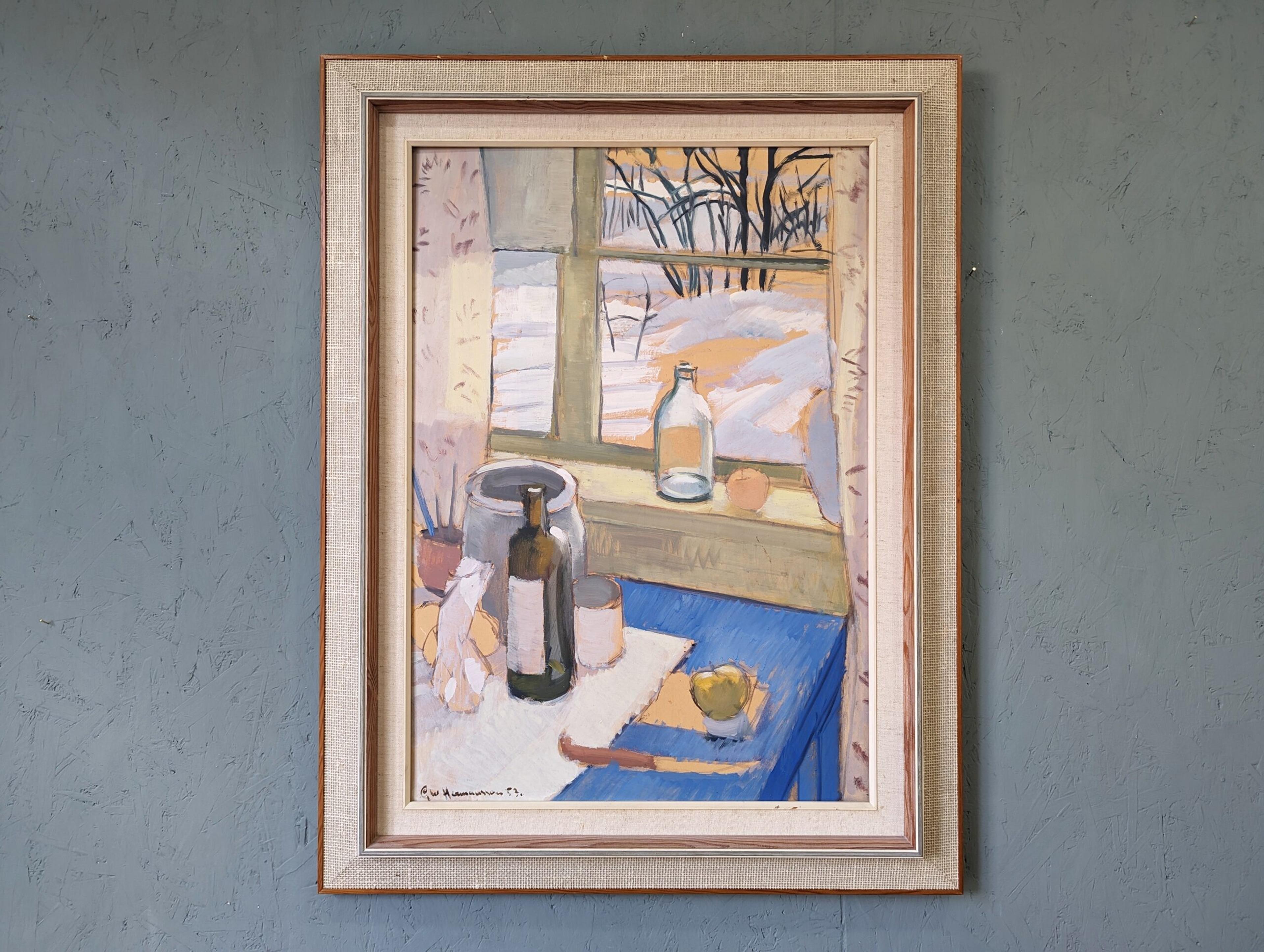 WINDOW TABLE SETTING
Size: 85.5 x 65.5 cm (including frame)
Oil on Card

A large and homely modernist still life composition, executed in oil and dated 1953.

The painting presents an interior scene, where a group of objects including a wine bottle,