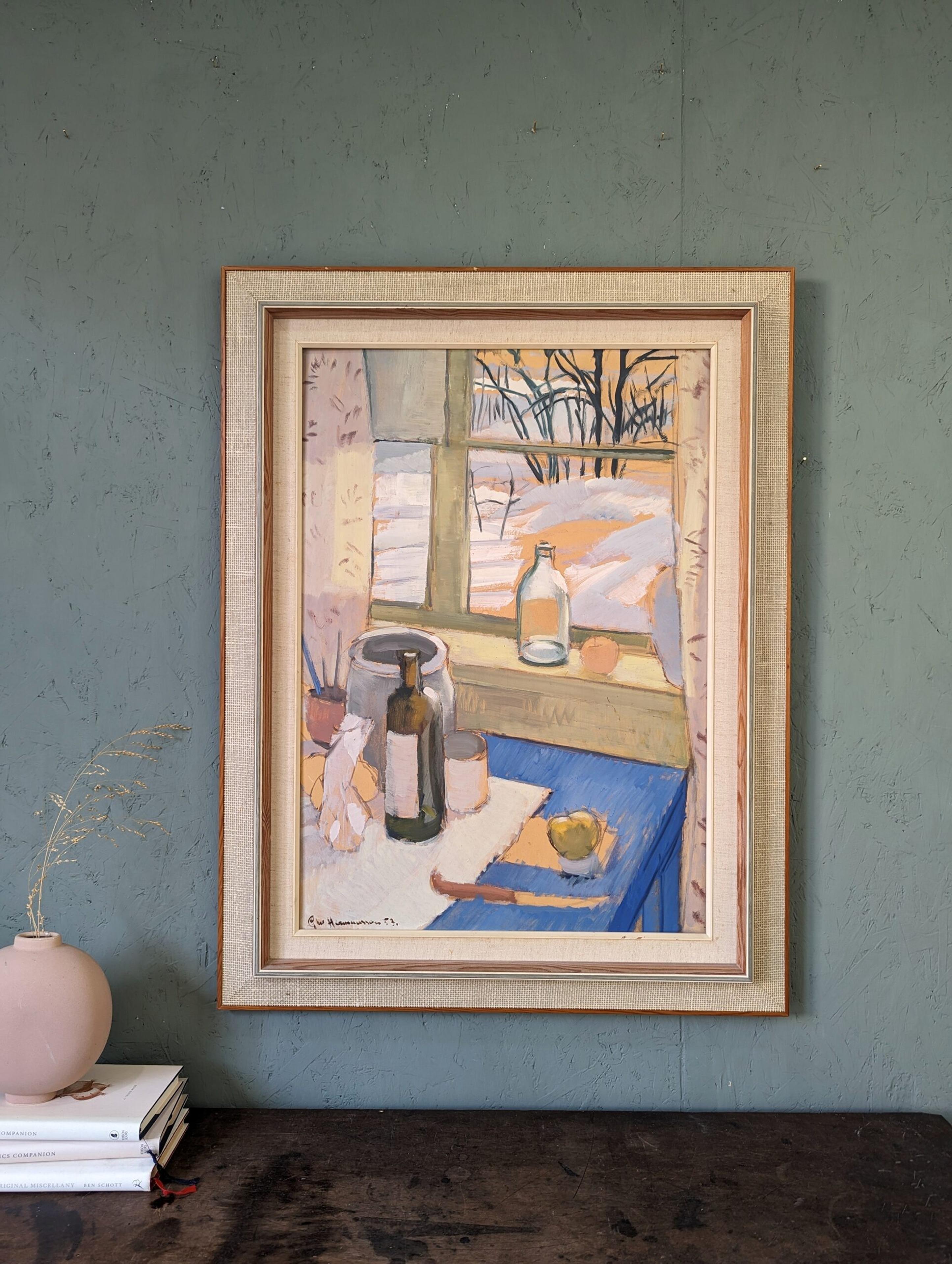 1953 Mid-Century Interior Still Life Framed Oil Painting - Window Table Setting 1