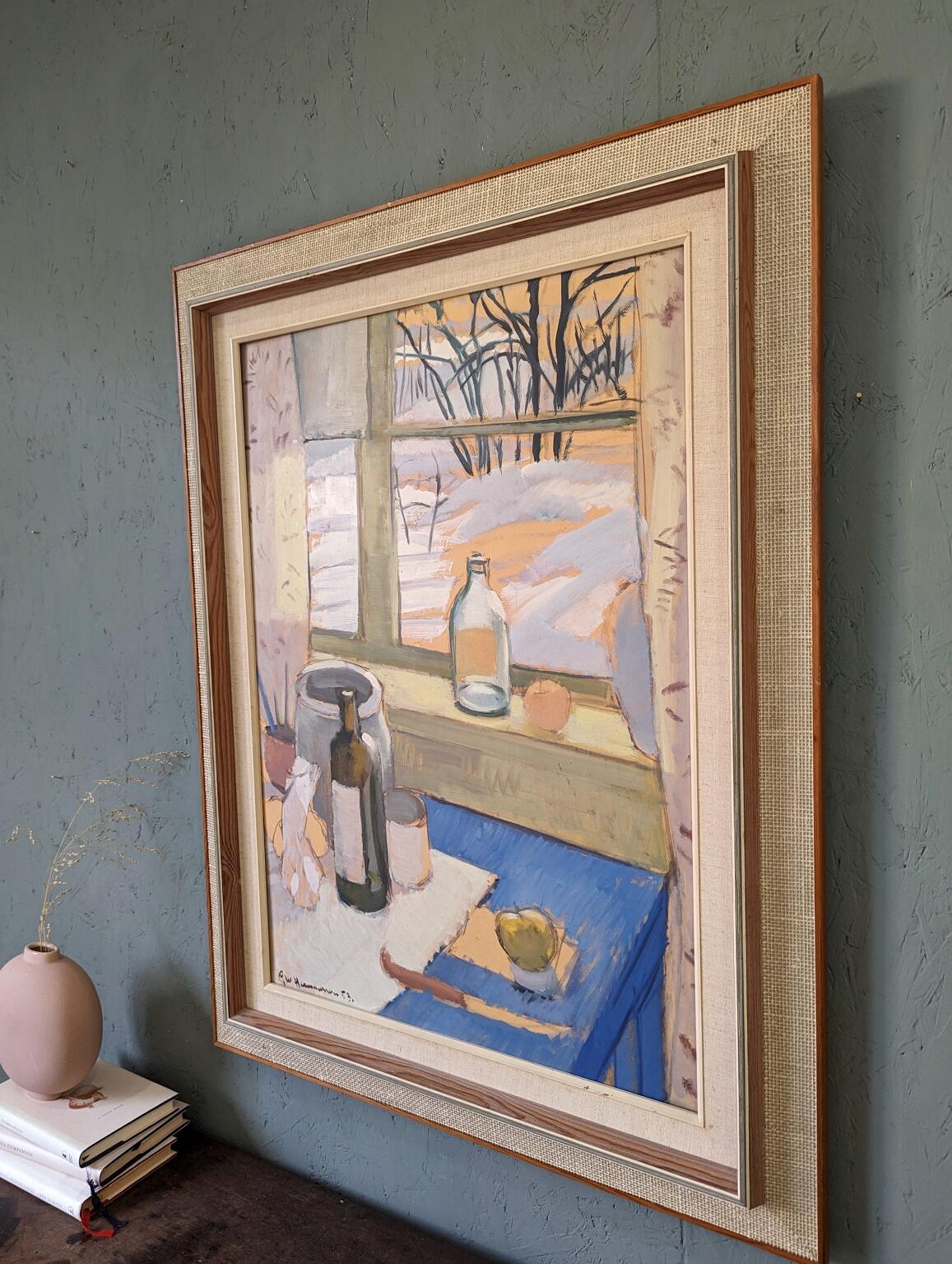 1953 Mid-Century Interior Still Life Framed Oil Painting - Window Table Setting 3