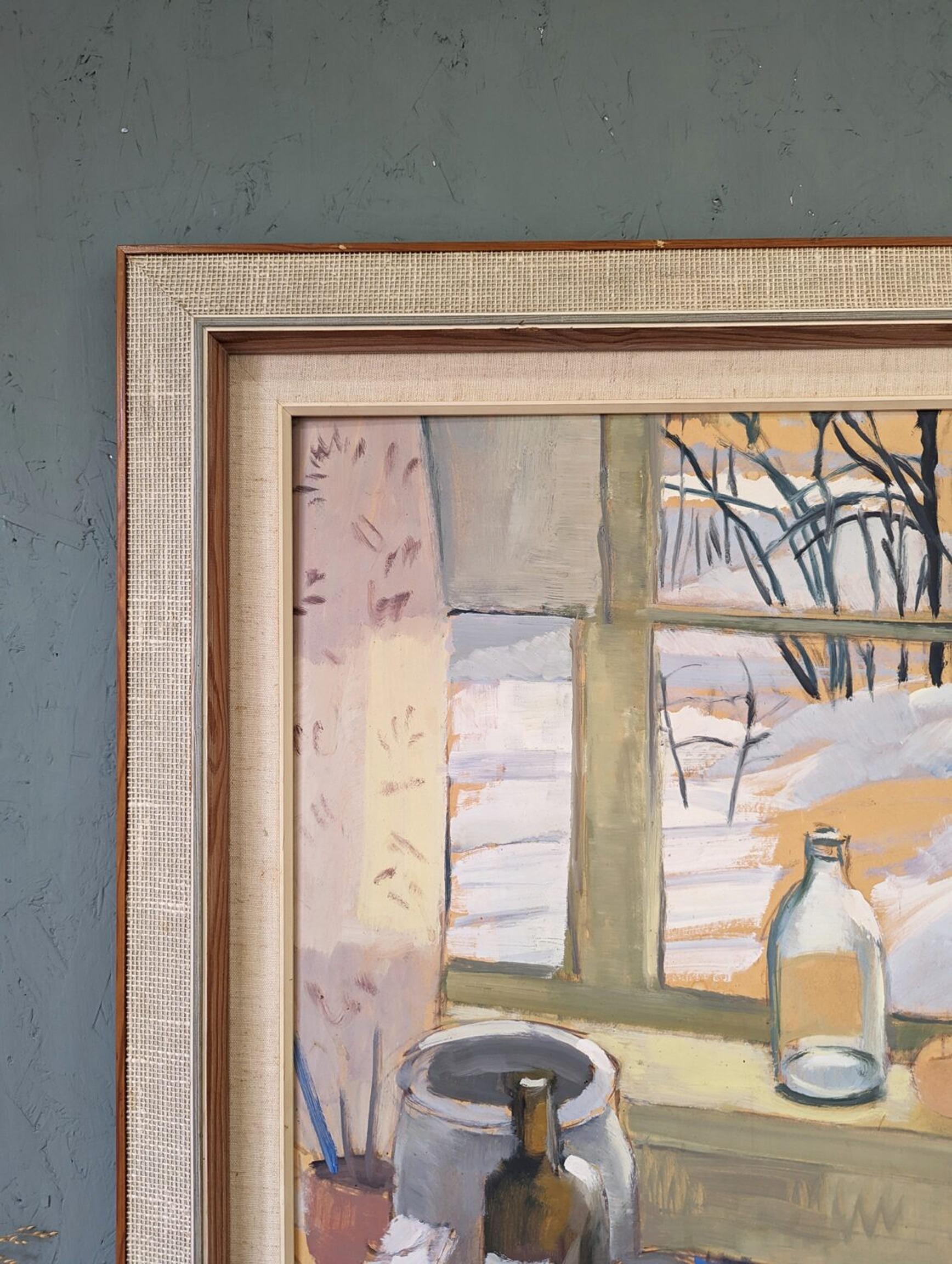 1953 Mid-Century Interior Still Life Framed Oil Painting - Window Table Setting 4