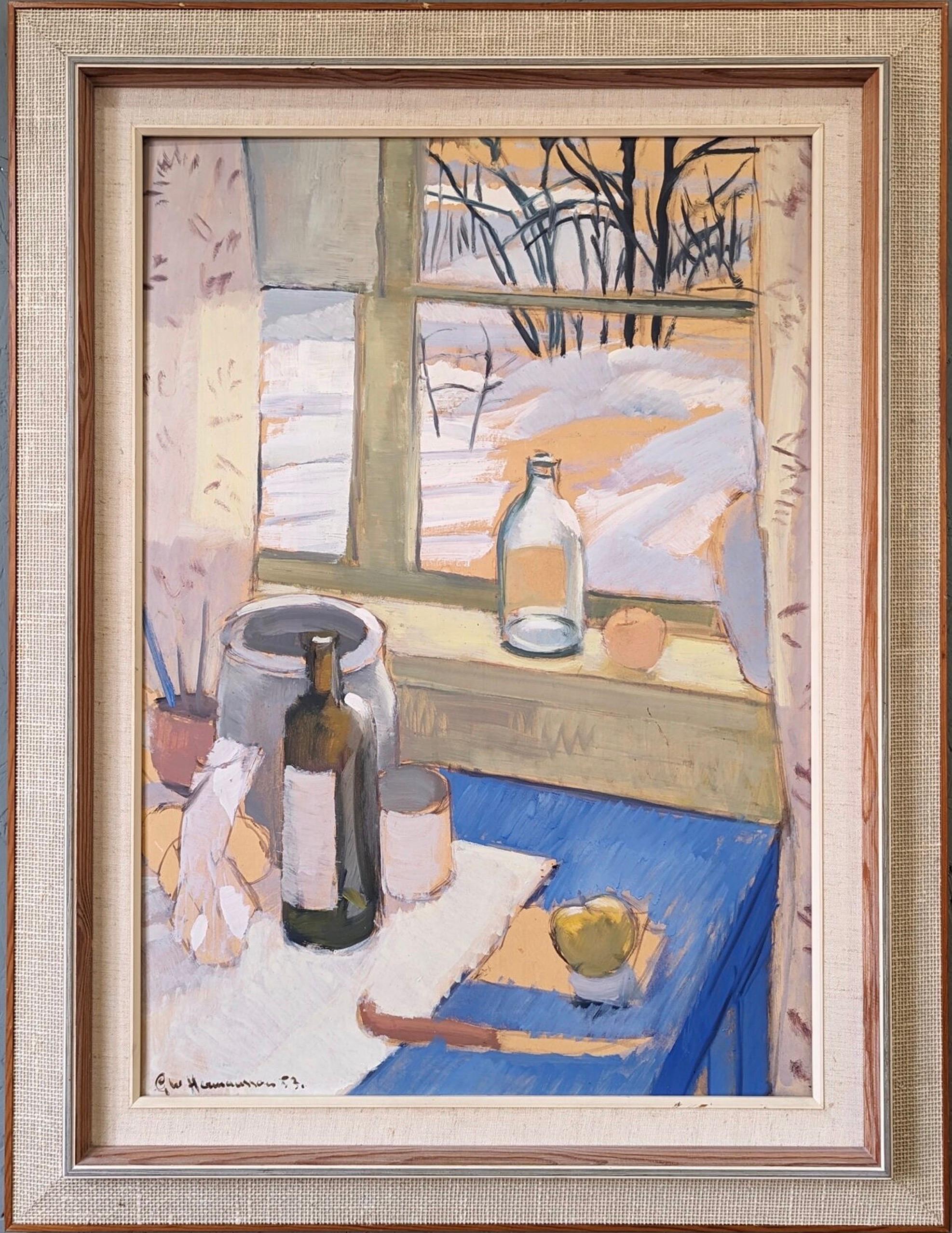 Unknown Still-Life Painting - 1953 Mid-Century Interior Still Life Framed Oil Painting - Window Table Setting