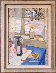 1953 Mid-Century Interior Still Life Peinture à l'huile encadrée - Window Table Setting