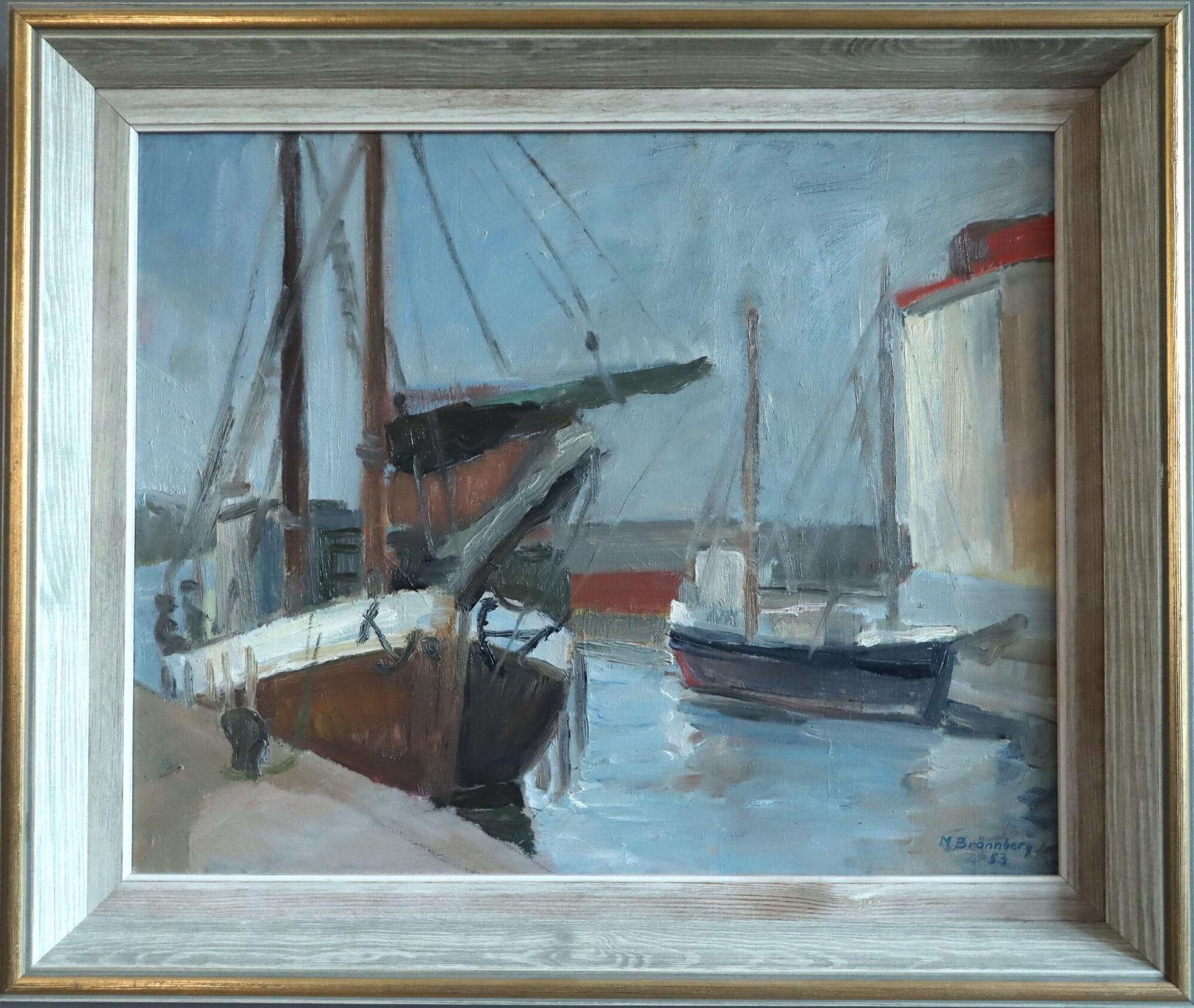 Unknown Landscape Painting - 1953 Mid Century Modern Original Swedish Seascape Oil Painting - Harbour at Rest