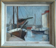 1953 Mid Century Modern Original Swedish Seascape Oil Painting - Harbour at Rest