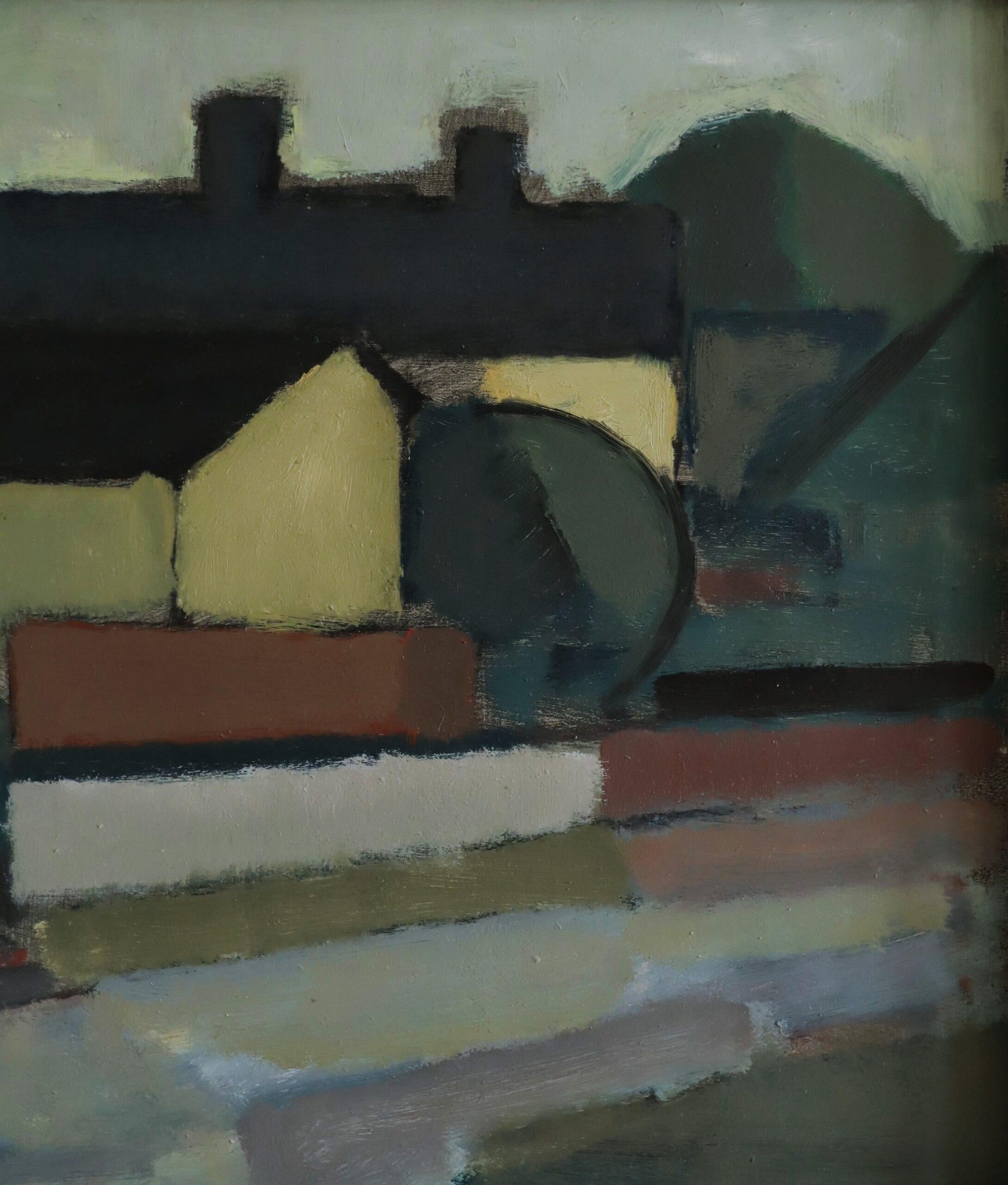 1953 Mid Century Modern Swedish Abstract Landscape Oil Painting - Silent Street en vente 7