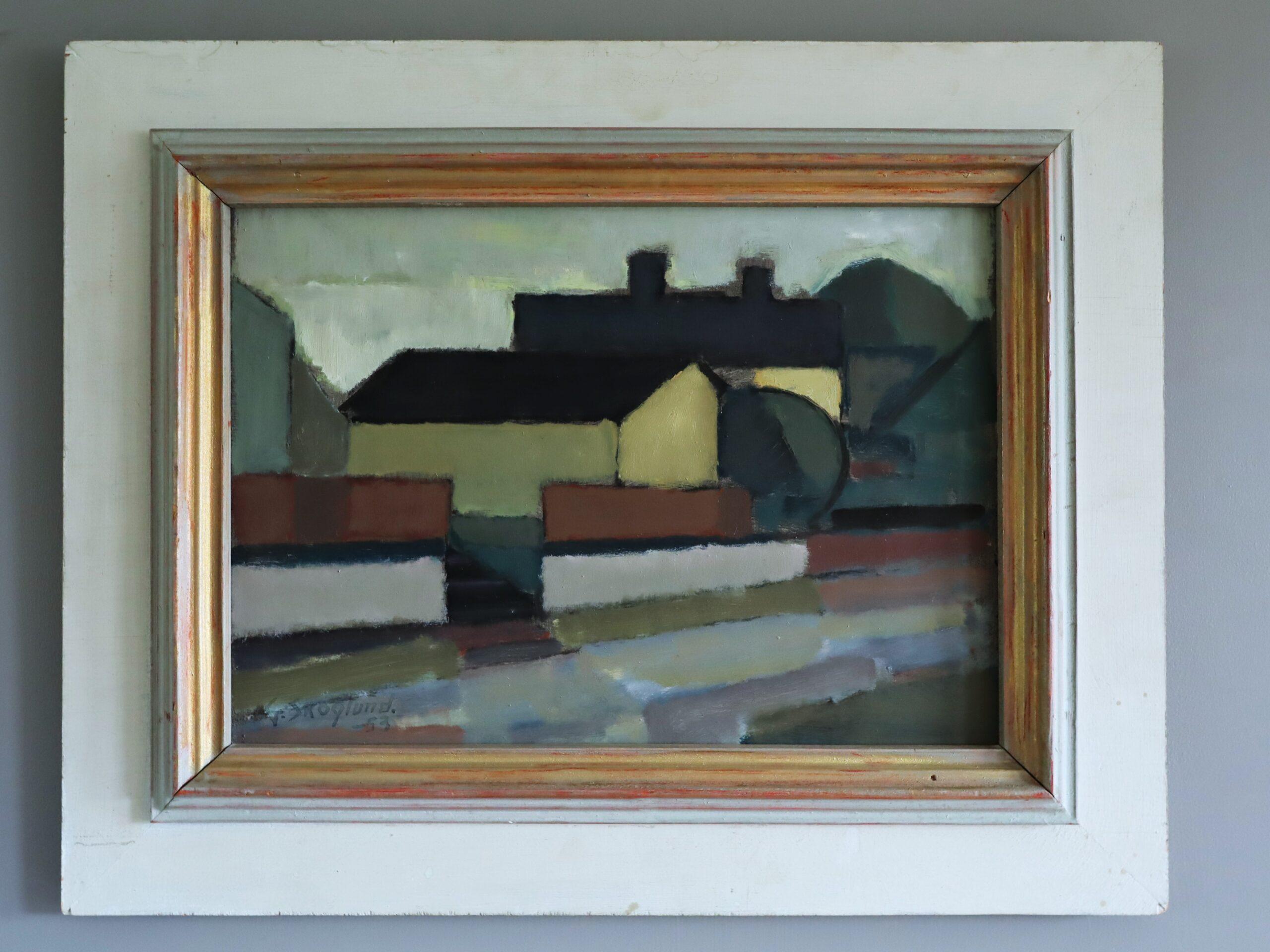 1953 Mid Century Modern Swedish Abstract Landscape Oil Painting - Silent Street - Gris Landscape Painting par Unknown