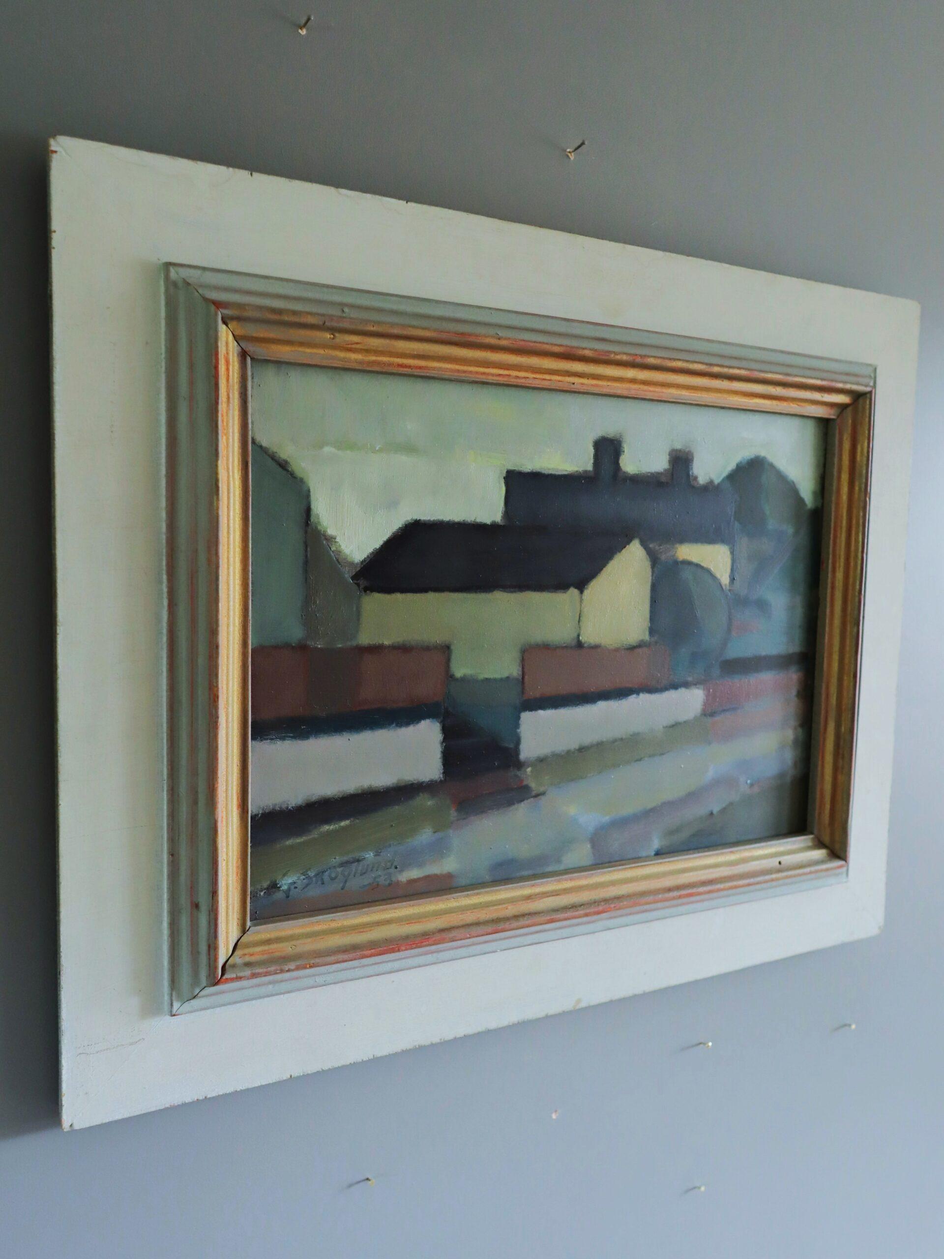 1953 Mid Century Modern Swedish Abstract Landscape Oil Painting - Silent Street en vente 1