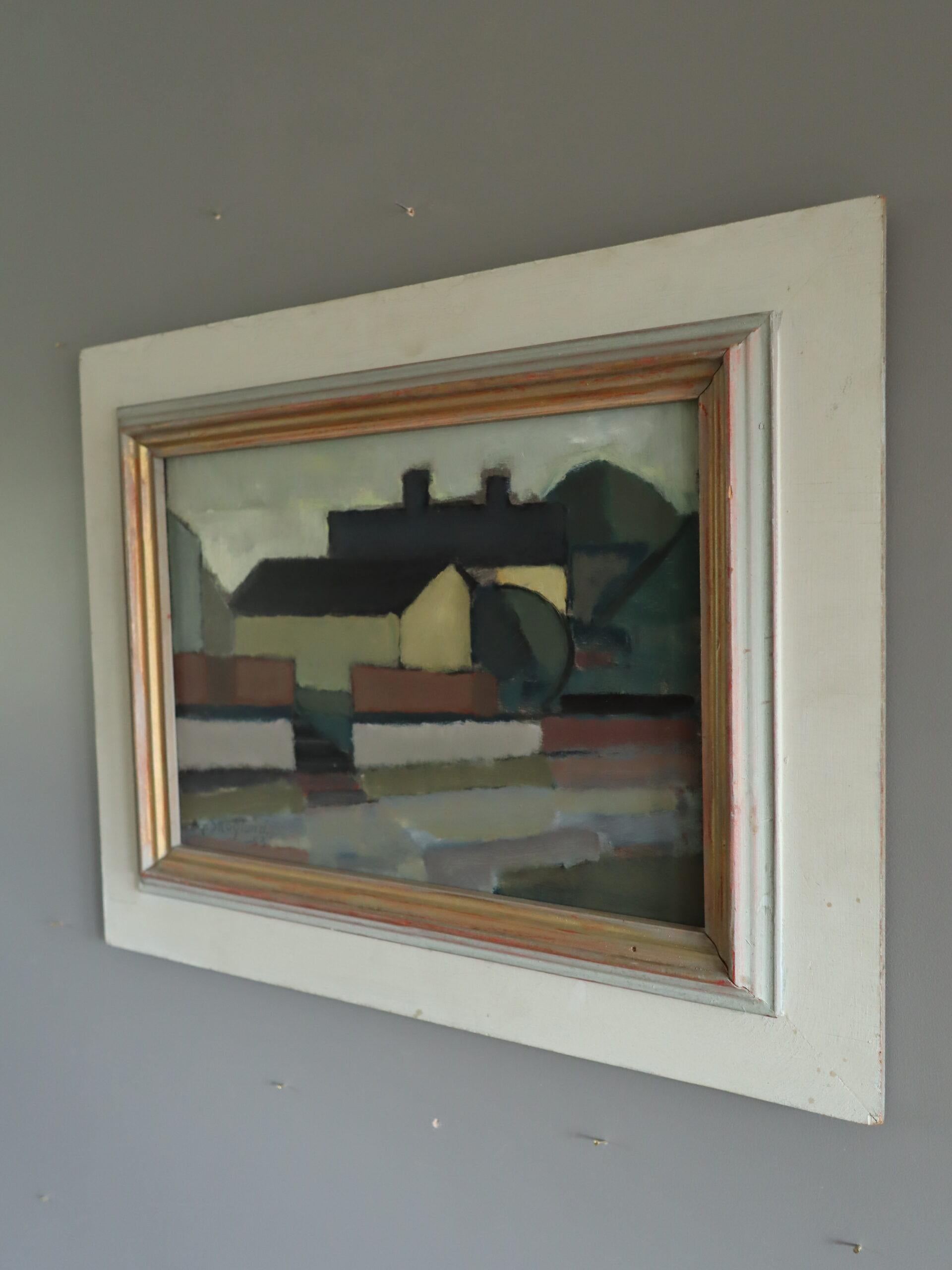 1953 Mid Century Modern Swedish Abstract Landscape Oil Painting - Silent Street en vente 2