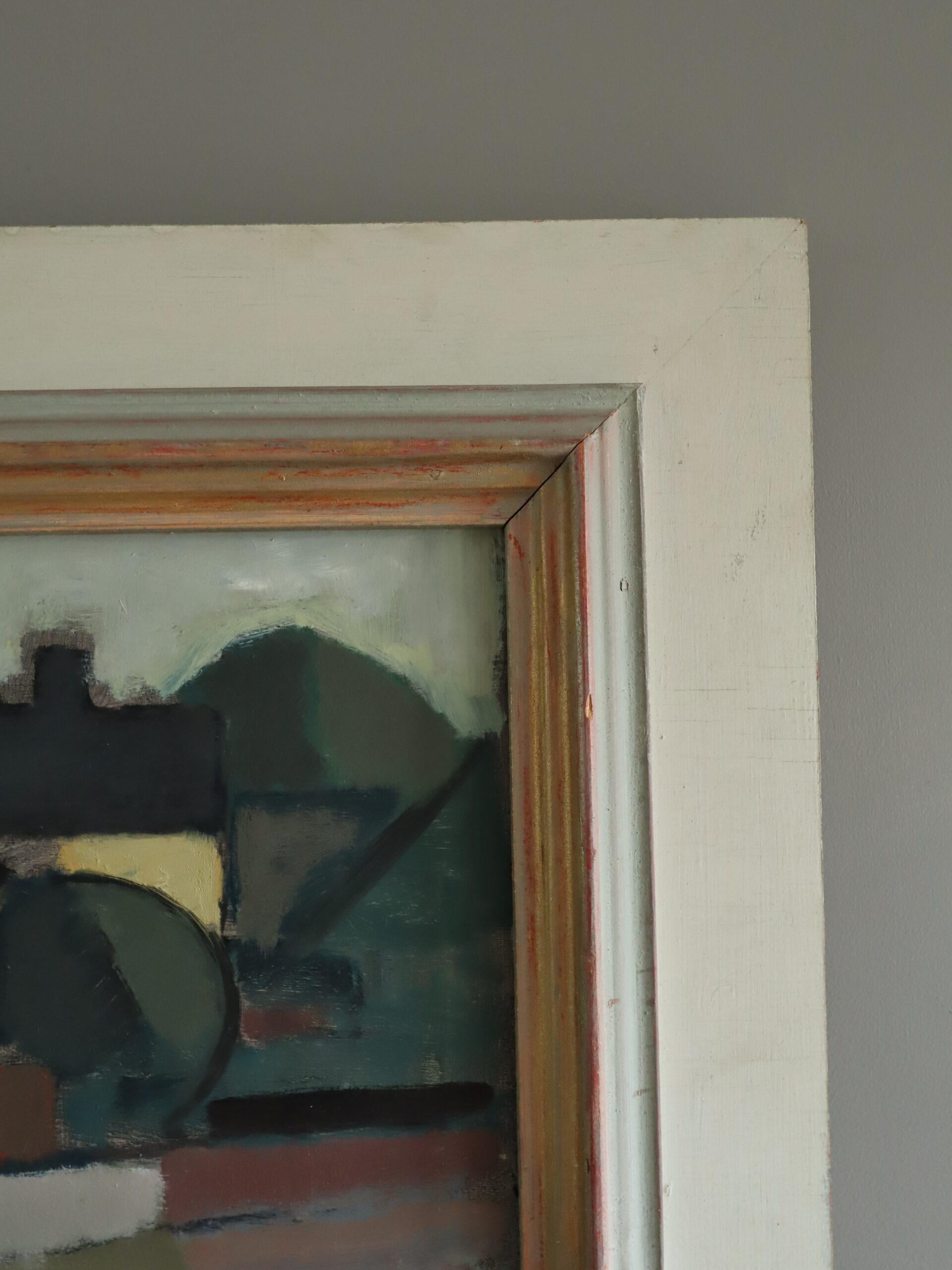 1953 Mid Century Modern Swedish Abstract Landscape Oil Painting - Silent Street en vente 4