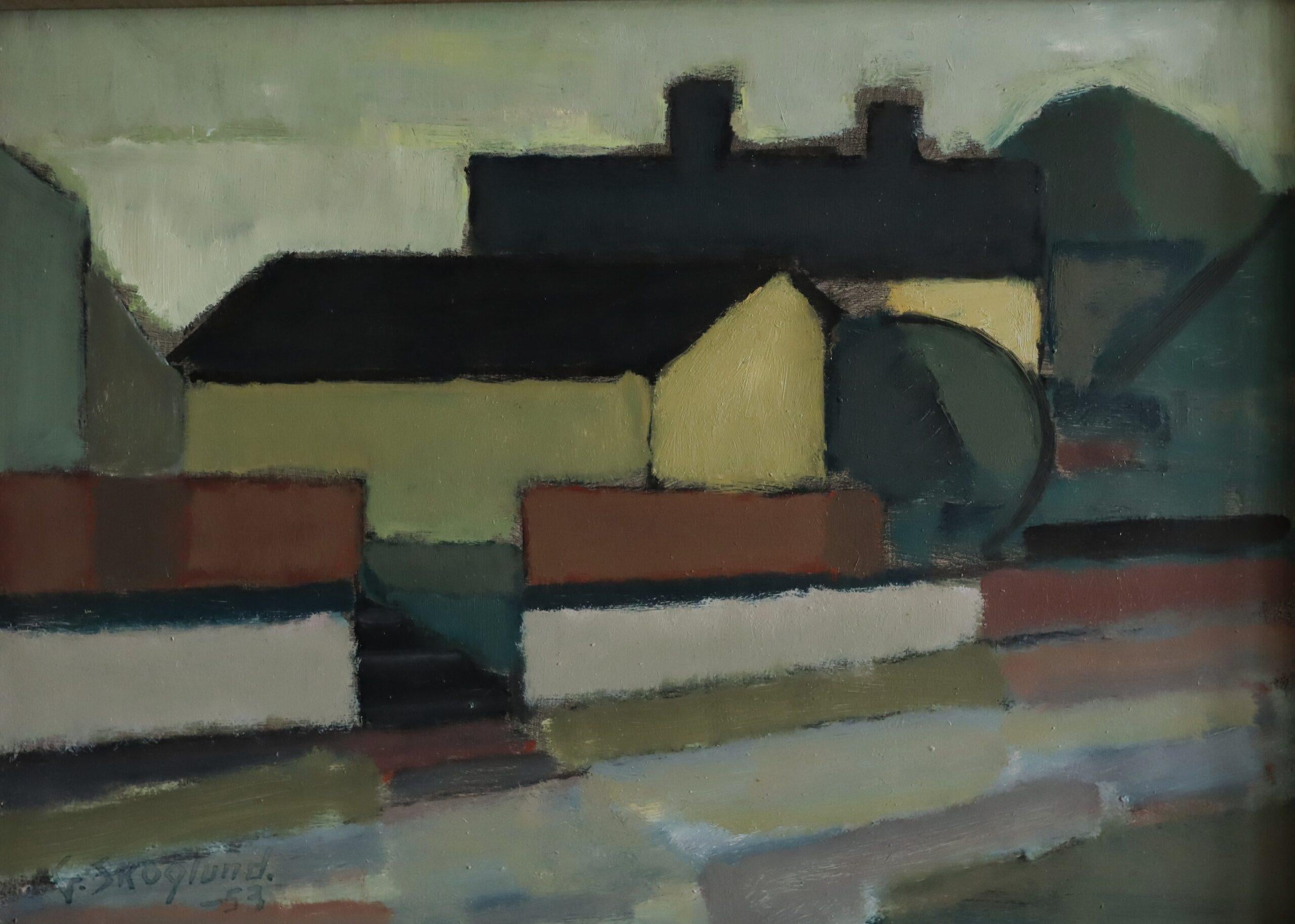 1953 Mid Century Modern Swedish Abstract Landscape Oil Painting - Silent Street en vente 5