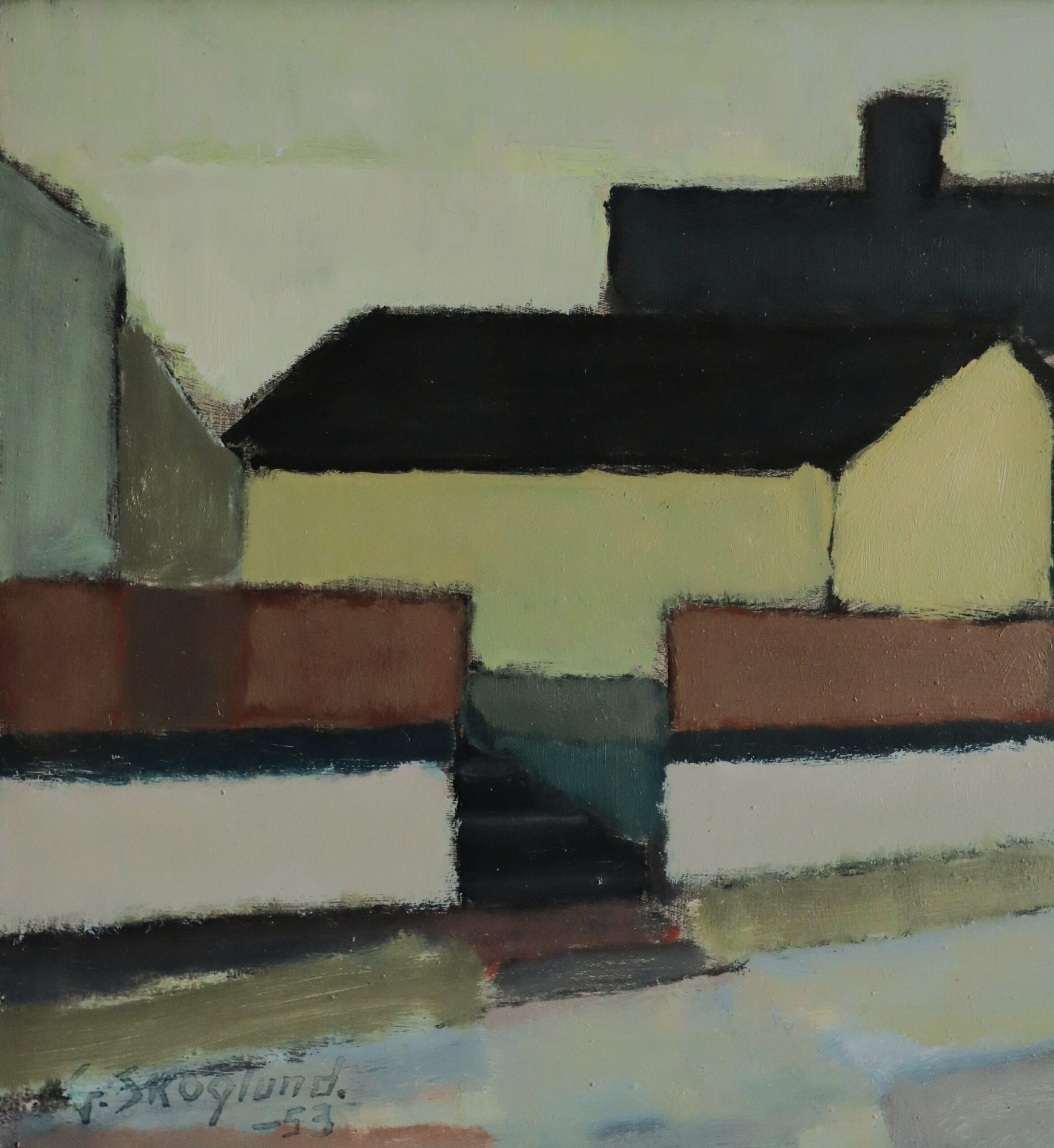 1953 Mid Century Modern Swedish Abstract Landscape Oil Painting - Silent Street en vente 6
