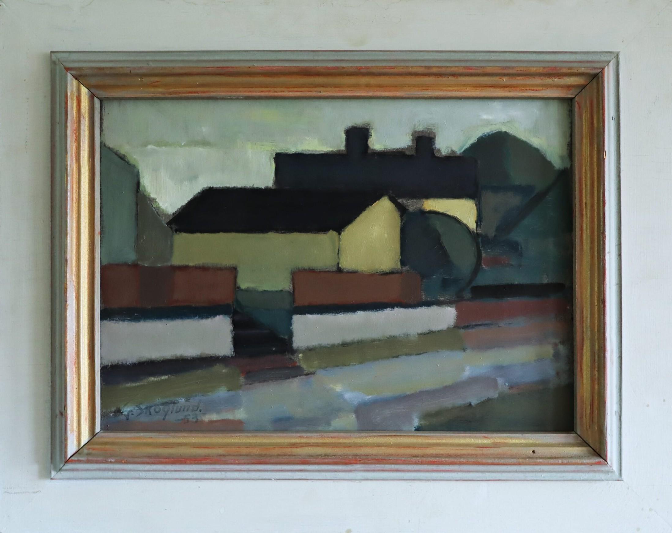 Landscape Painting Unknown - 1953 Mid Century Modern Swedish Abstract Landscape Oil Painting - Silent Street