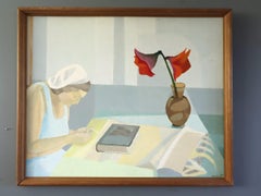 1953 Mid Century Modern Swedish Interior Oil Painting - Figure and Flowers