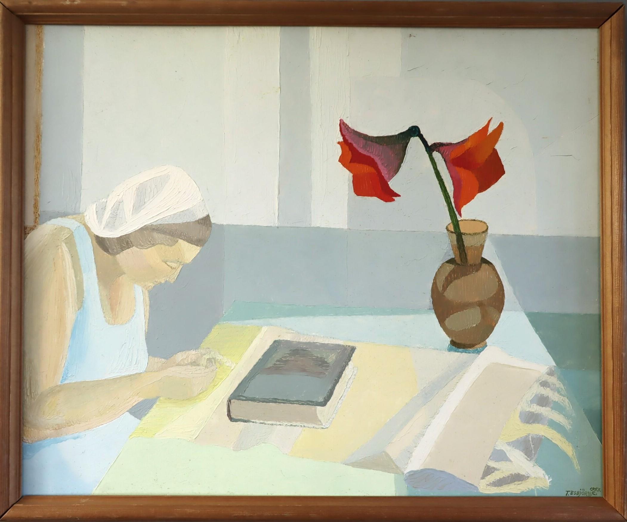 1953 Mid Century Modern Swedish Interior Oil Painting - Figure and Flowers