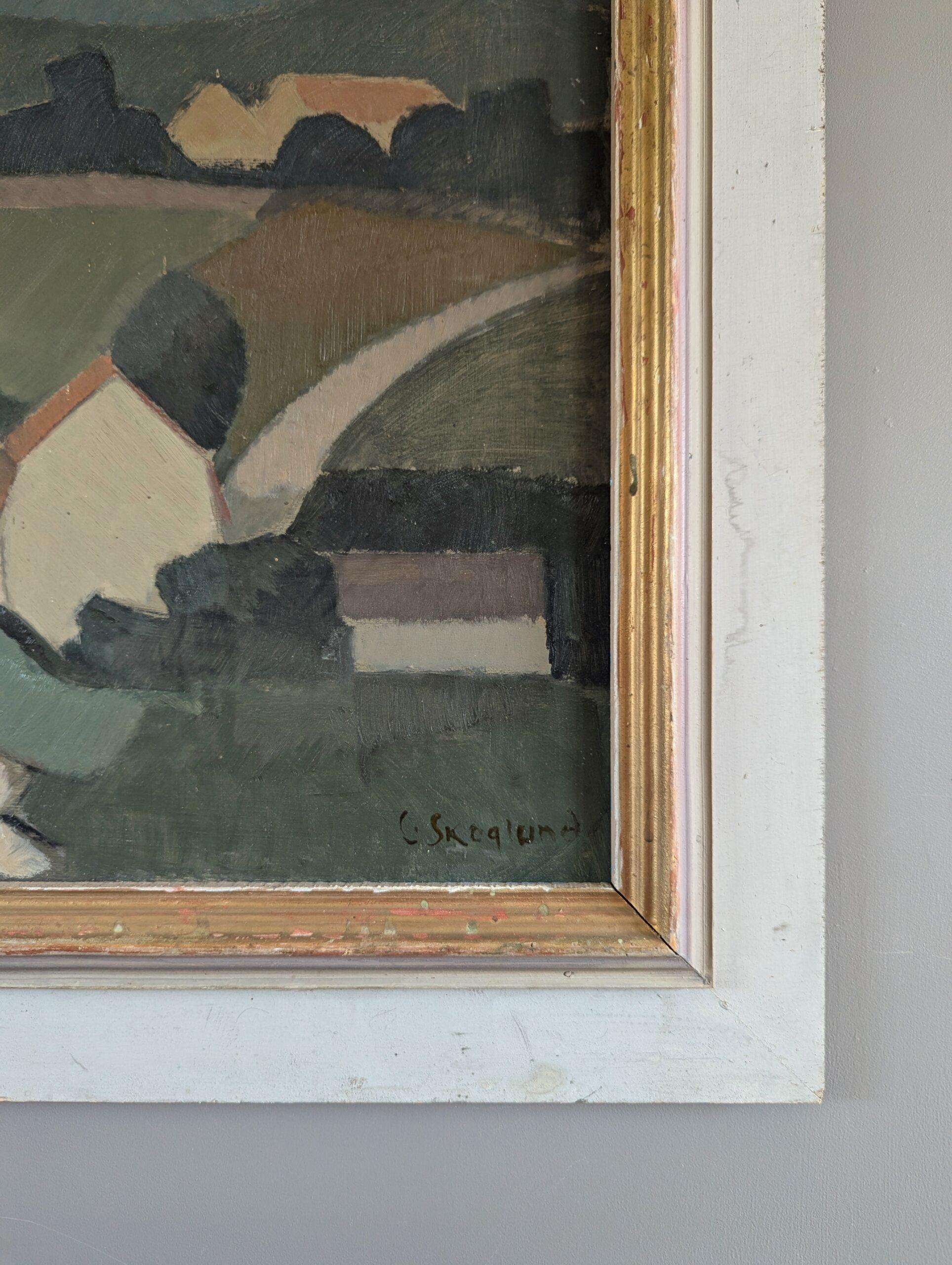 1953 Mid Century Modern Swedish Vintage Landscape Oil Painting - Rolling Greens For Sale 7