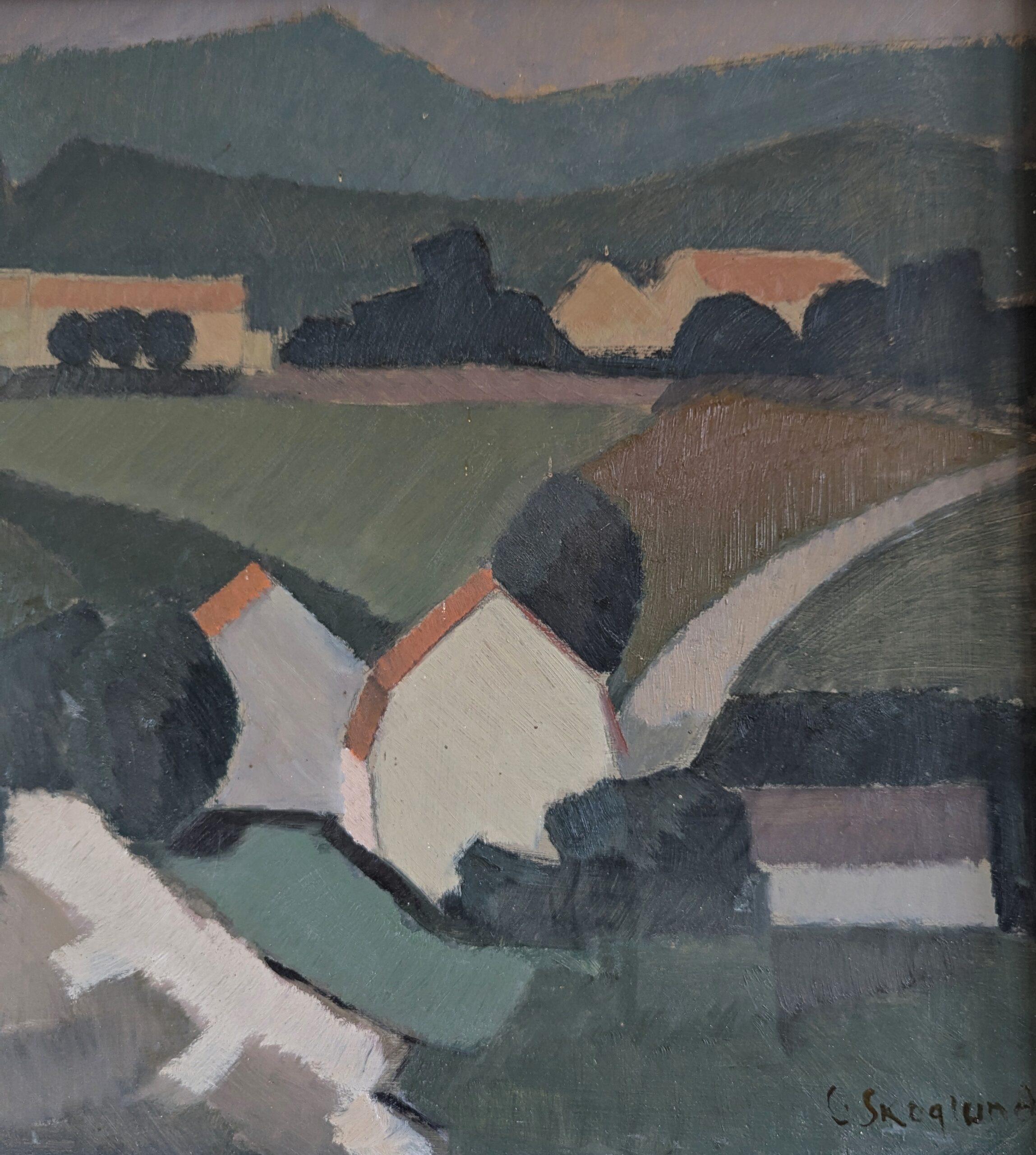 1953 Mid Century Modern Swedish Vintage Landscape Oil Painting - Rolling Greens For Sale 9