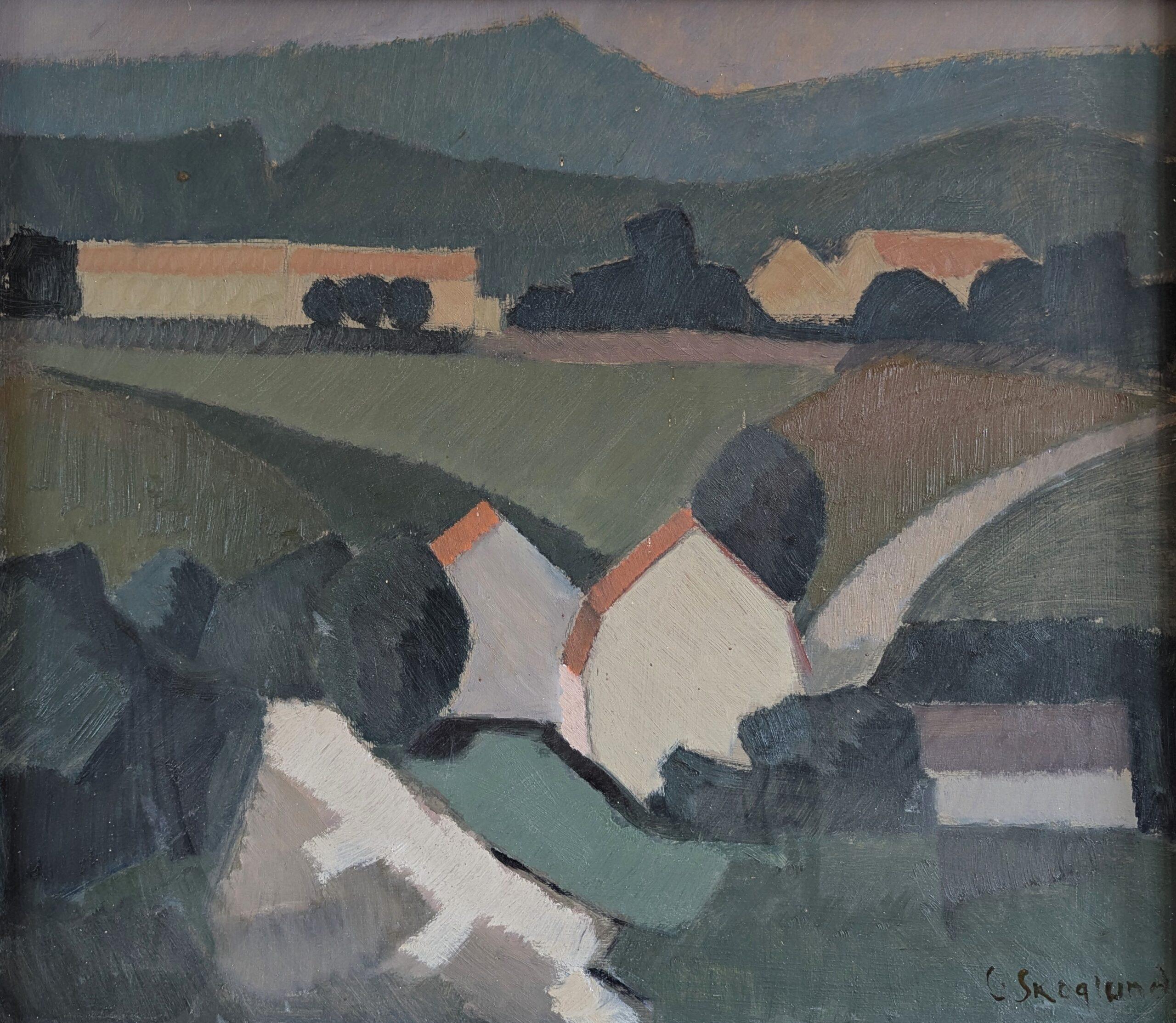 1953 Mid Century Modern Swedish Vintage Landscape Oil Painting - Rolling Greens For Sale 10