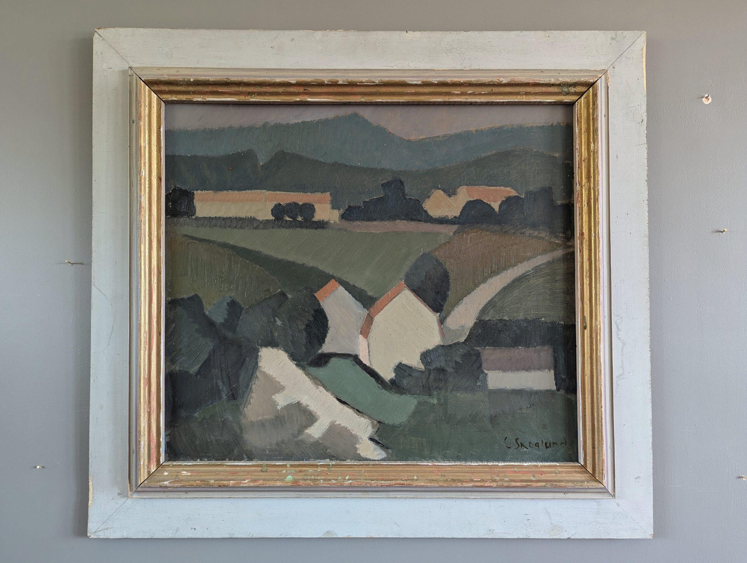 1953 Mid Century Modern Swedish Vintage Landscape Oil Painting - Rolling Greens - Gray Landscape Painting by Unknown