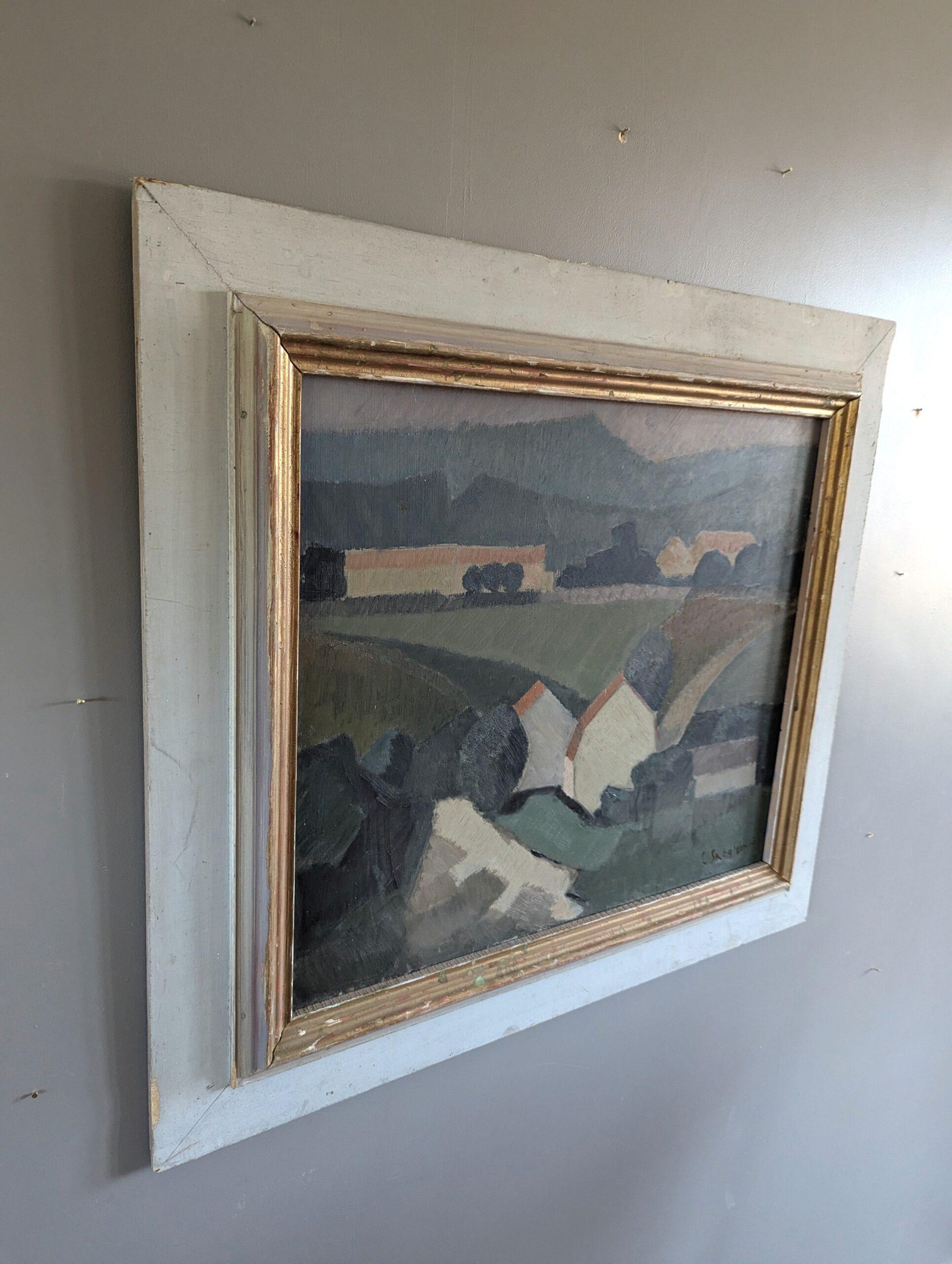 1953 Mid Century Modern Swedish Vintage Landscape Oil Painting - Rolling Greens For Sale 2