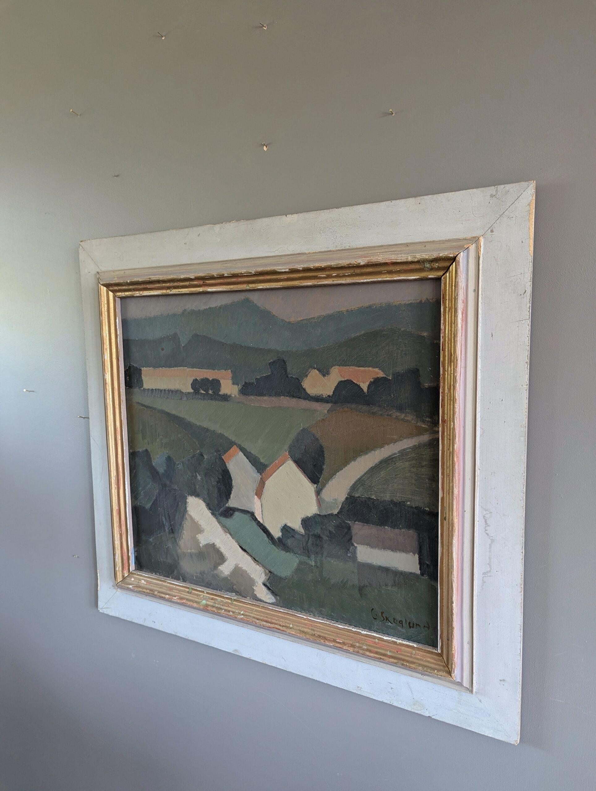1953 Mid Century Modern Swedish Vintage Landscape Oil Painting - Rolling Greens For Sale 3