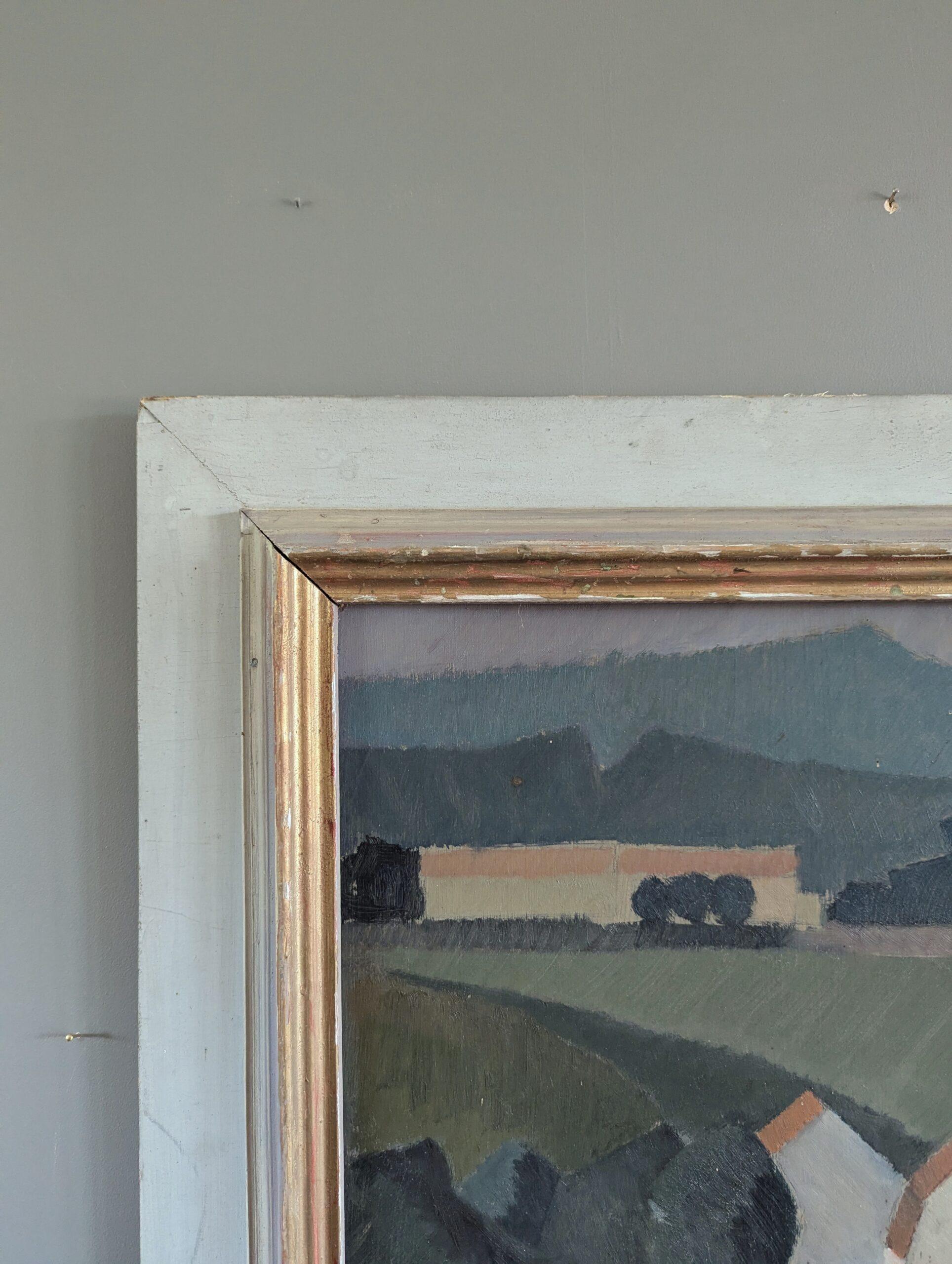 1953 Mid Century Modern Swedish Vintage Landscape Oil Painting - Rolling Greens For Sale 4
