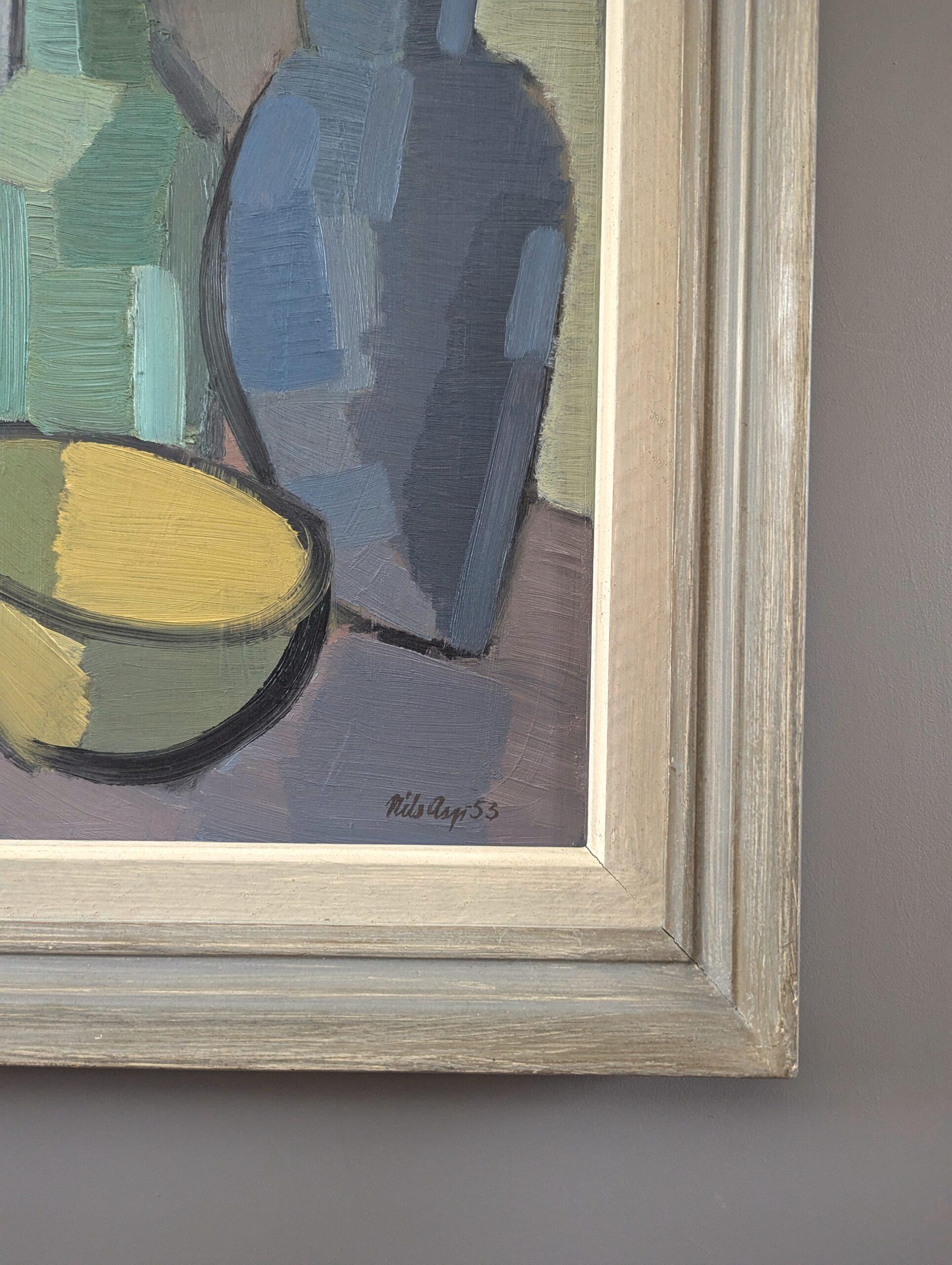 1953 Pittura ad olio di una natura morta svedese della metà del secolo scorso - Vasi e ciotola in vendita 4