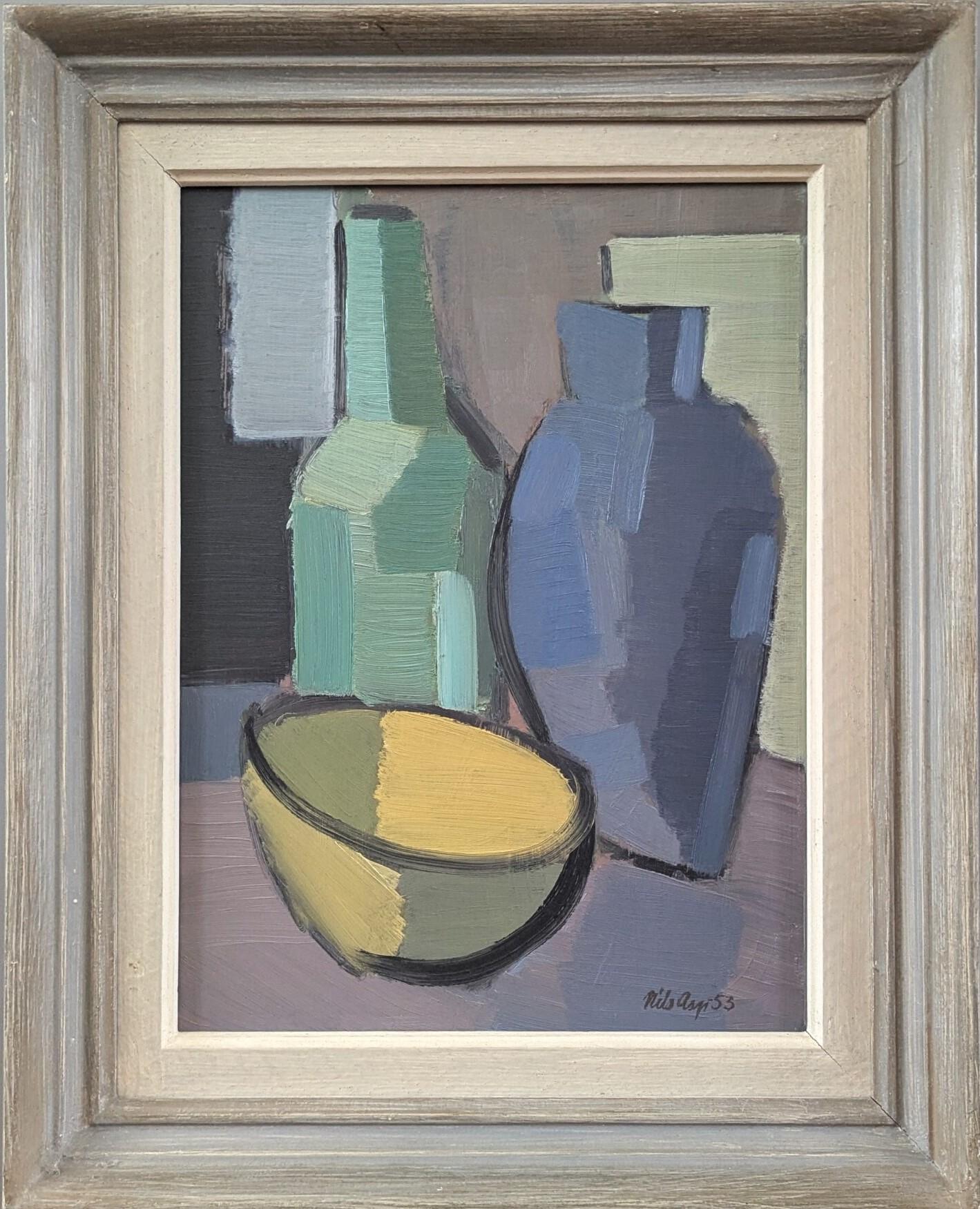 Still-Life Painting di Unknown - 1953 Pittura ad olio di una natura morta svedese della metà del secolo scorso - Vasi e ciotola