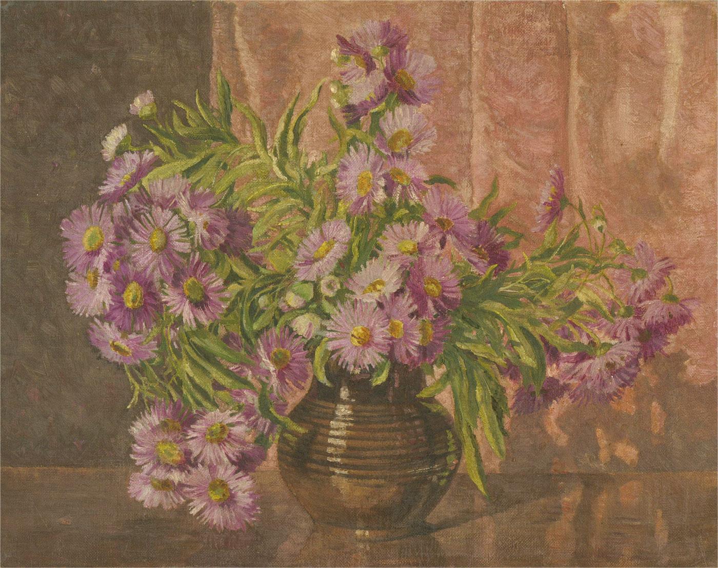 A fine mid Century floral still life showing an earthenware vase filled with delicate purple aster. The painting is unsigned and presented in a simple mid Century frame. There is a sticker at the reverse indicating that this was displayed at Luton