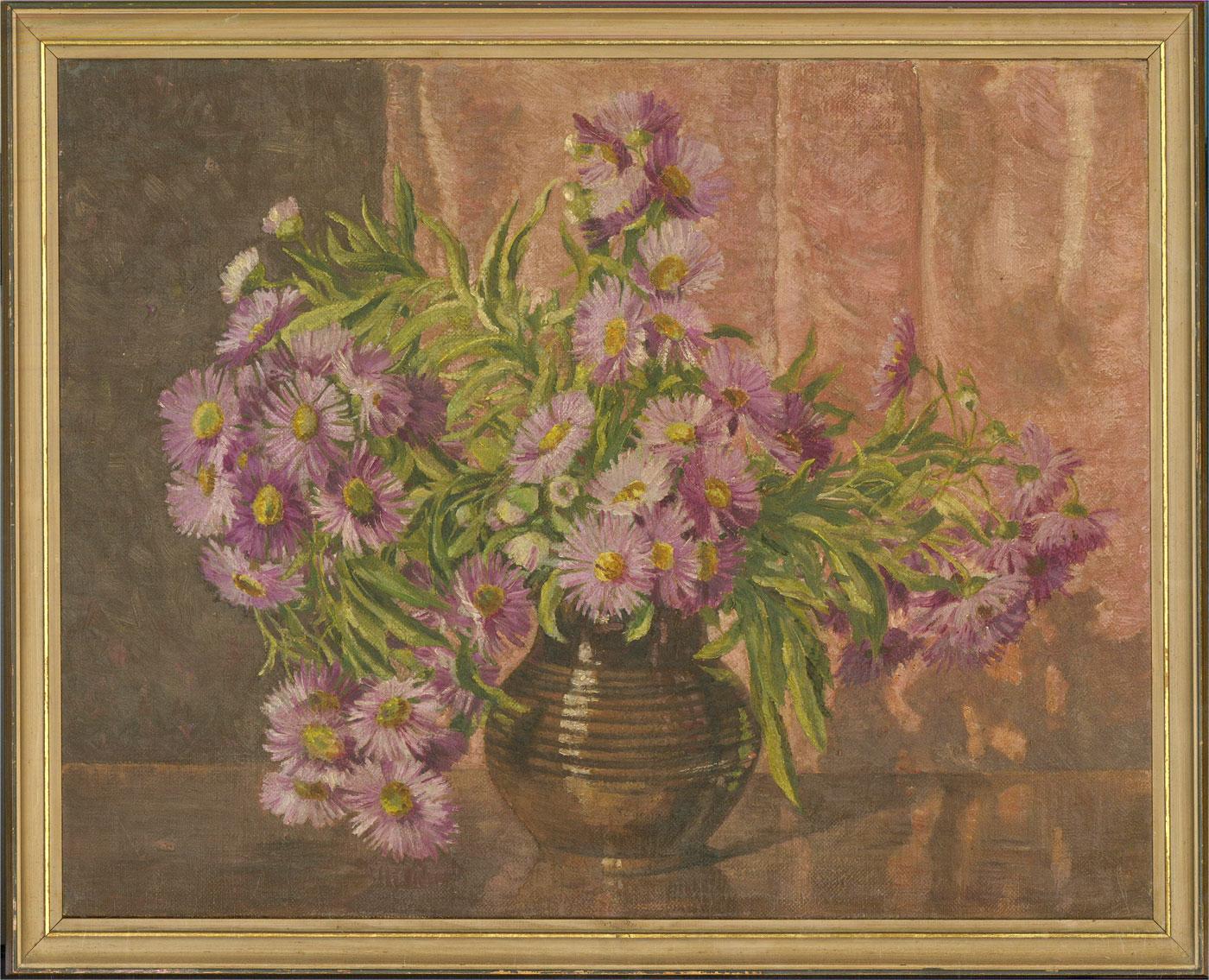Unknown Still-Life Painting - 1953 Oil - Purple Asters