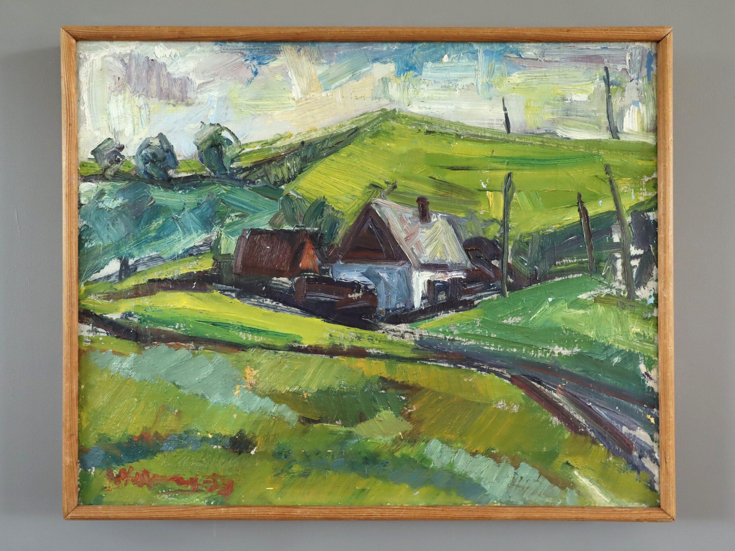 1953 Paesaggio svedese espressivo dipinto ad olio - Cottage tra le colline verdi - Painting di Unknown