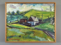 1953 Paesaggio svedese espressivo dipinto ad olio - Cottage tra le colline verdi