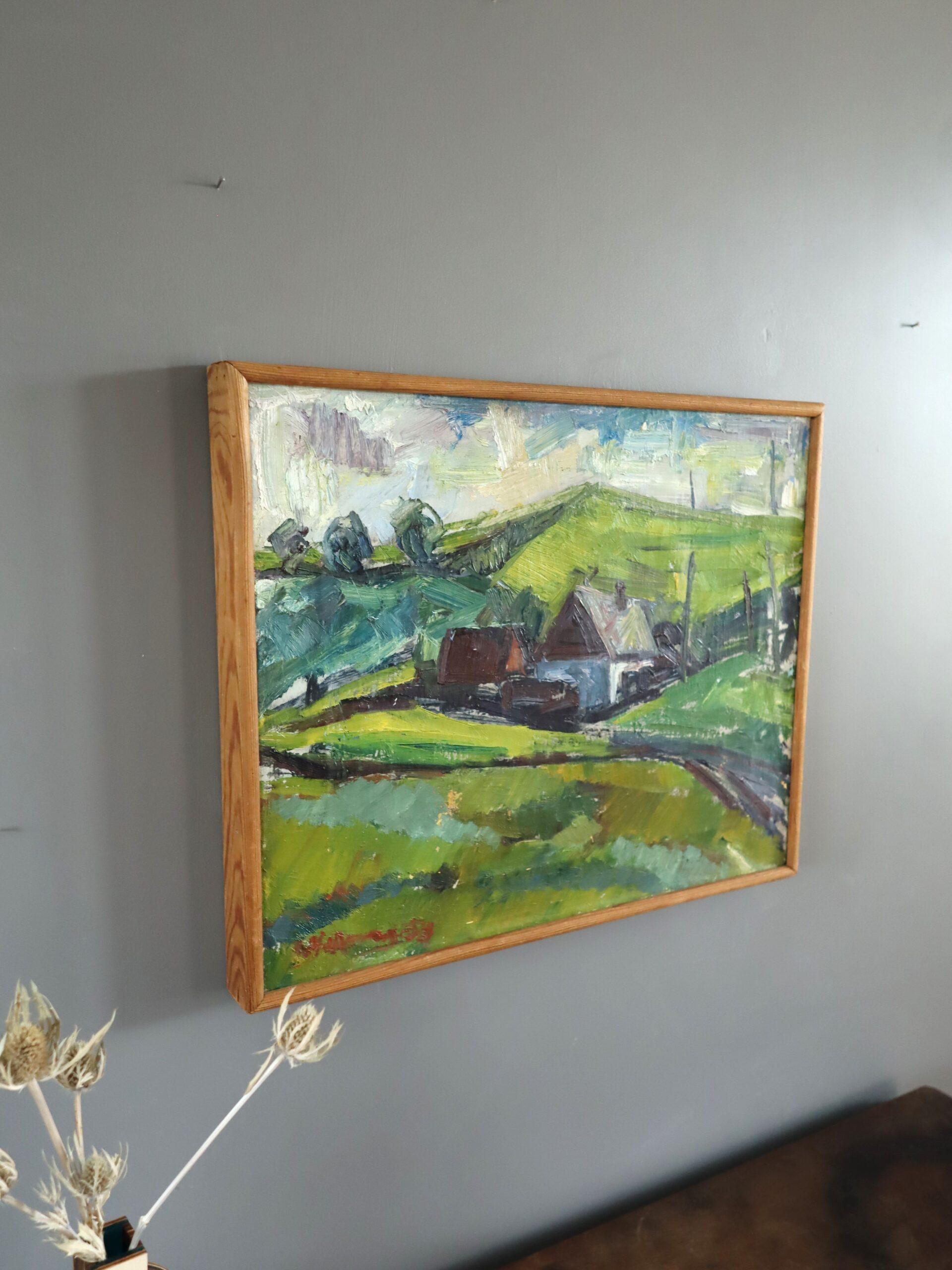 1953 Paesaggio svedese espressivo dipinto ad olio - Cottage tra le colline verdi - Landscape Painting Marrone di Unknown