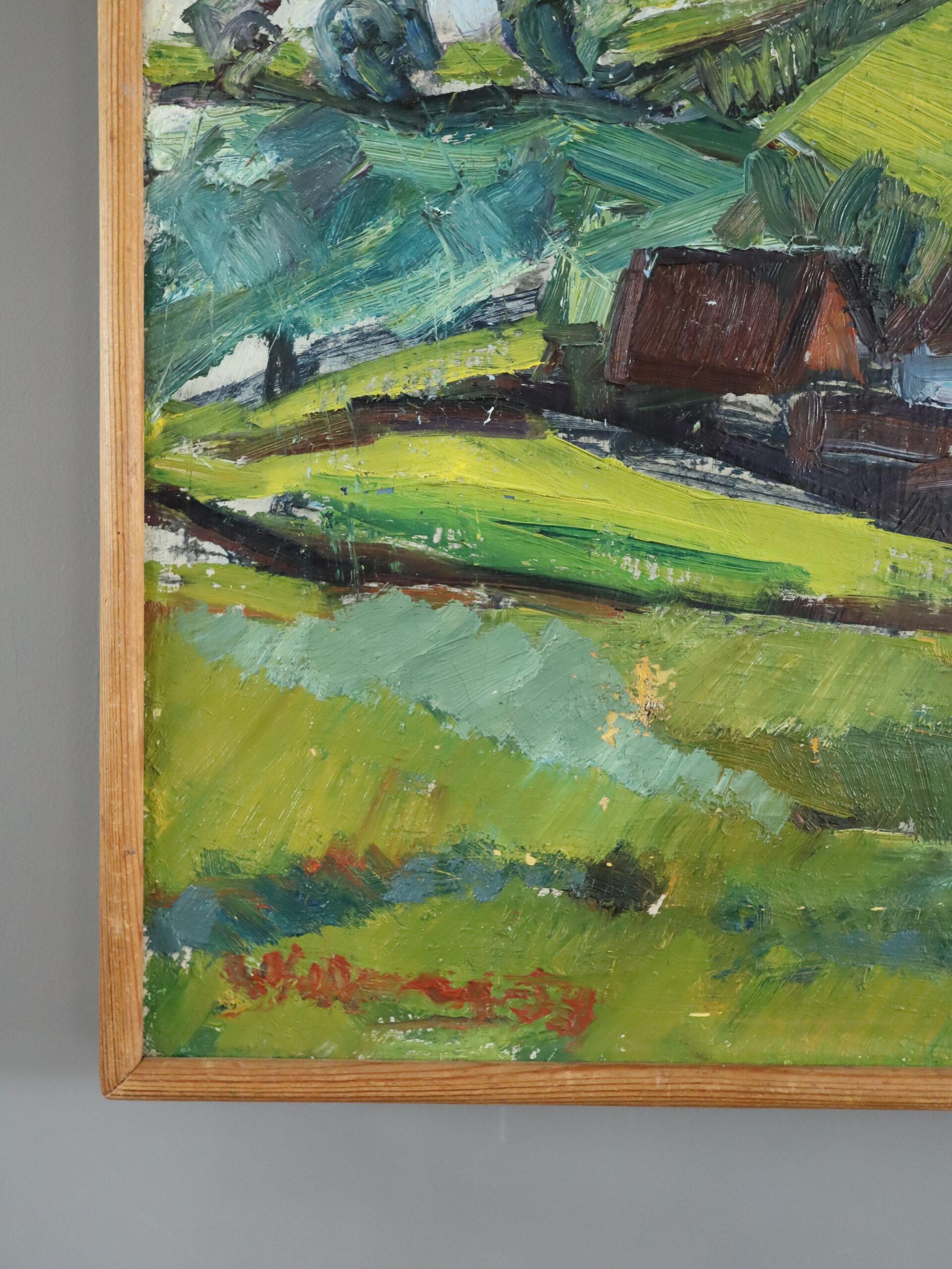 1953 Paesaggio svedese espressivo dipinto ad olio - Cottage tra le colline verdi in vendita 1