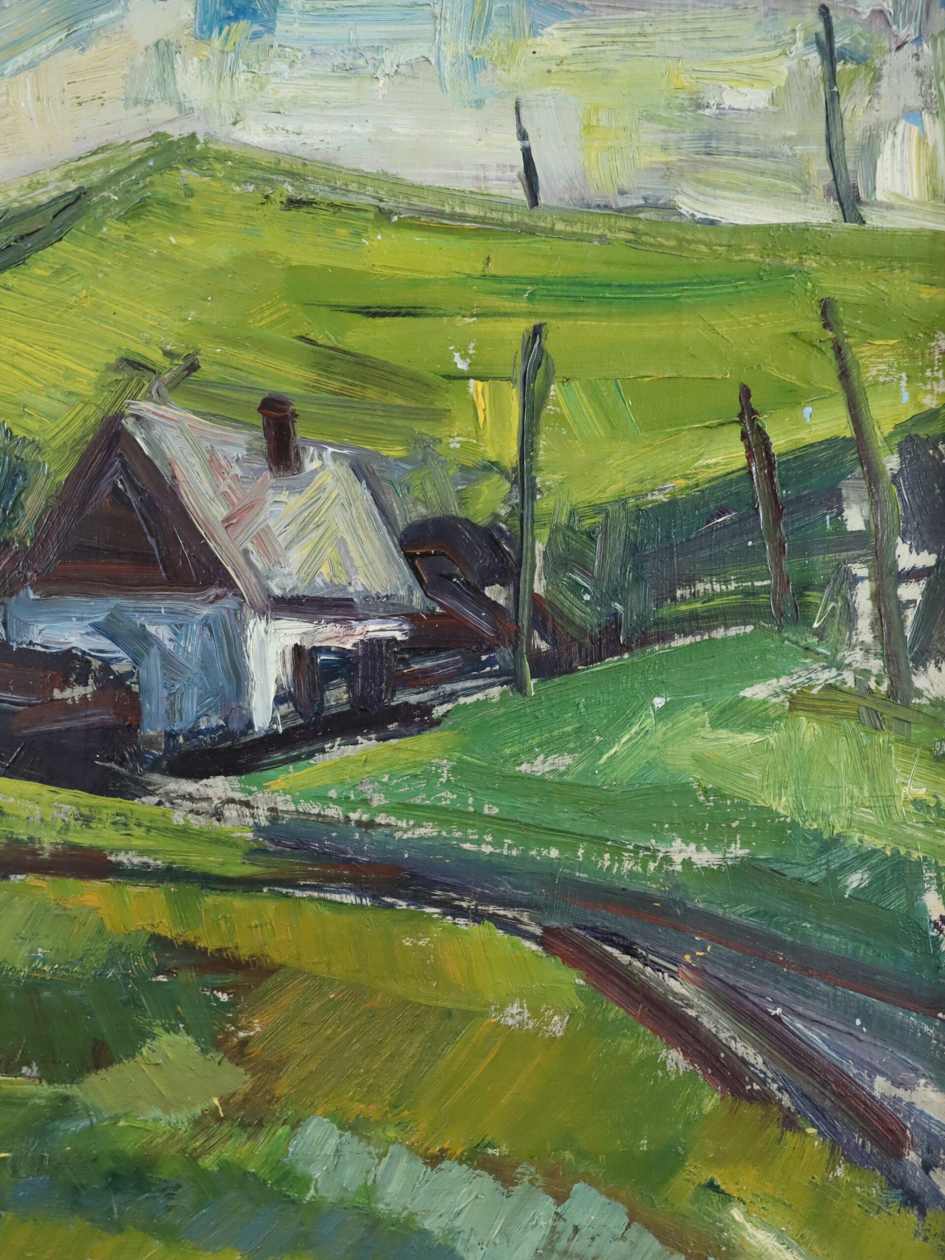 1953 Paesaggio svedese espressivo dipinto ad olio - Cottage tra le colline verdi in vendita 2