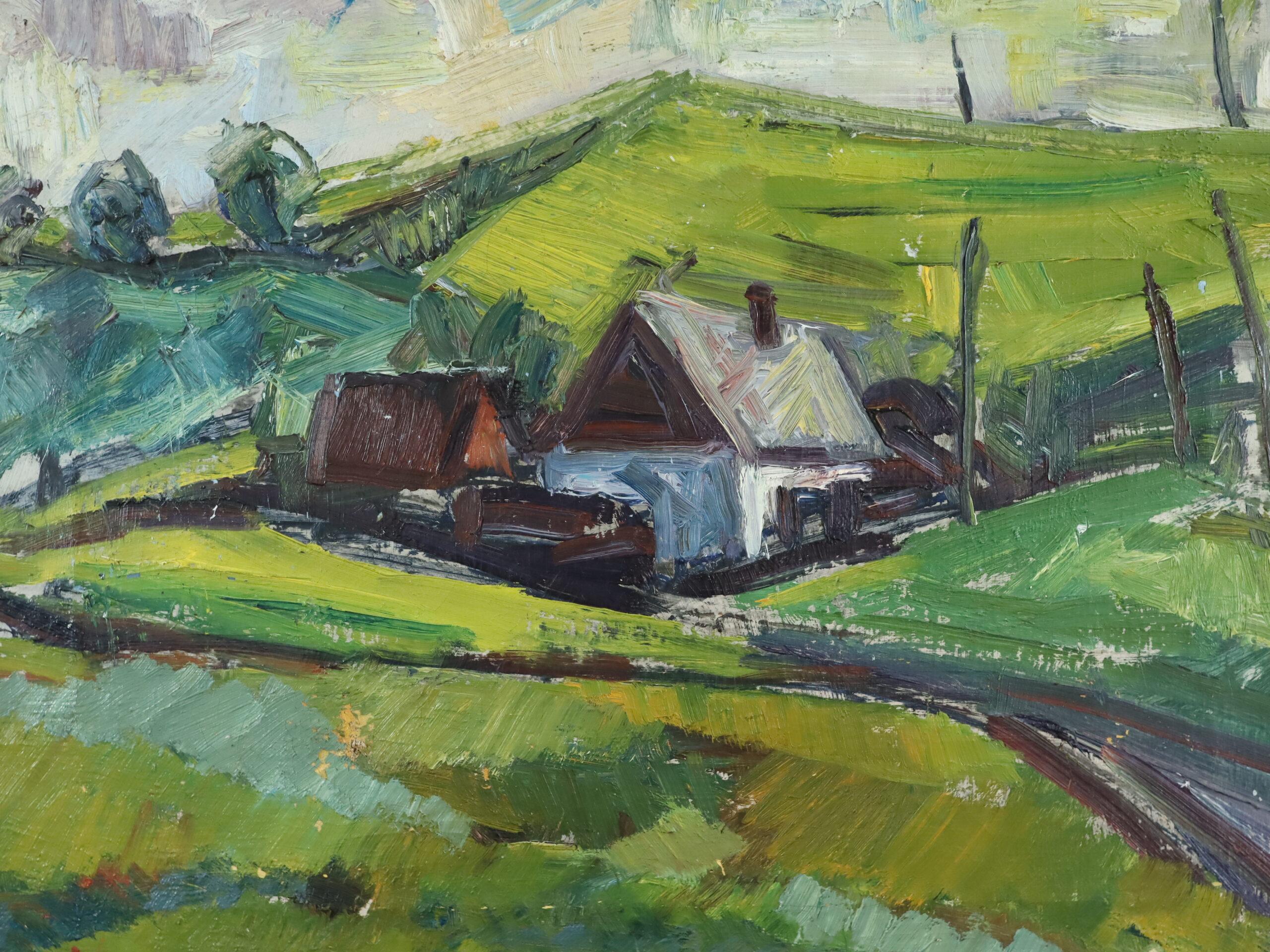 1953 Paesaggio svedese espressivo dipinto ad olio - Cottage tra le colline verdi in vendita 3