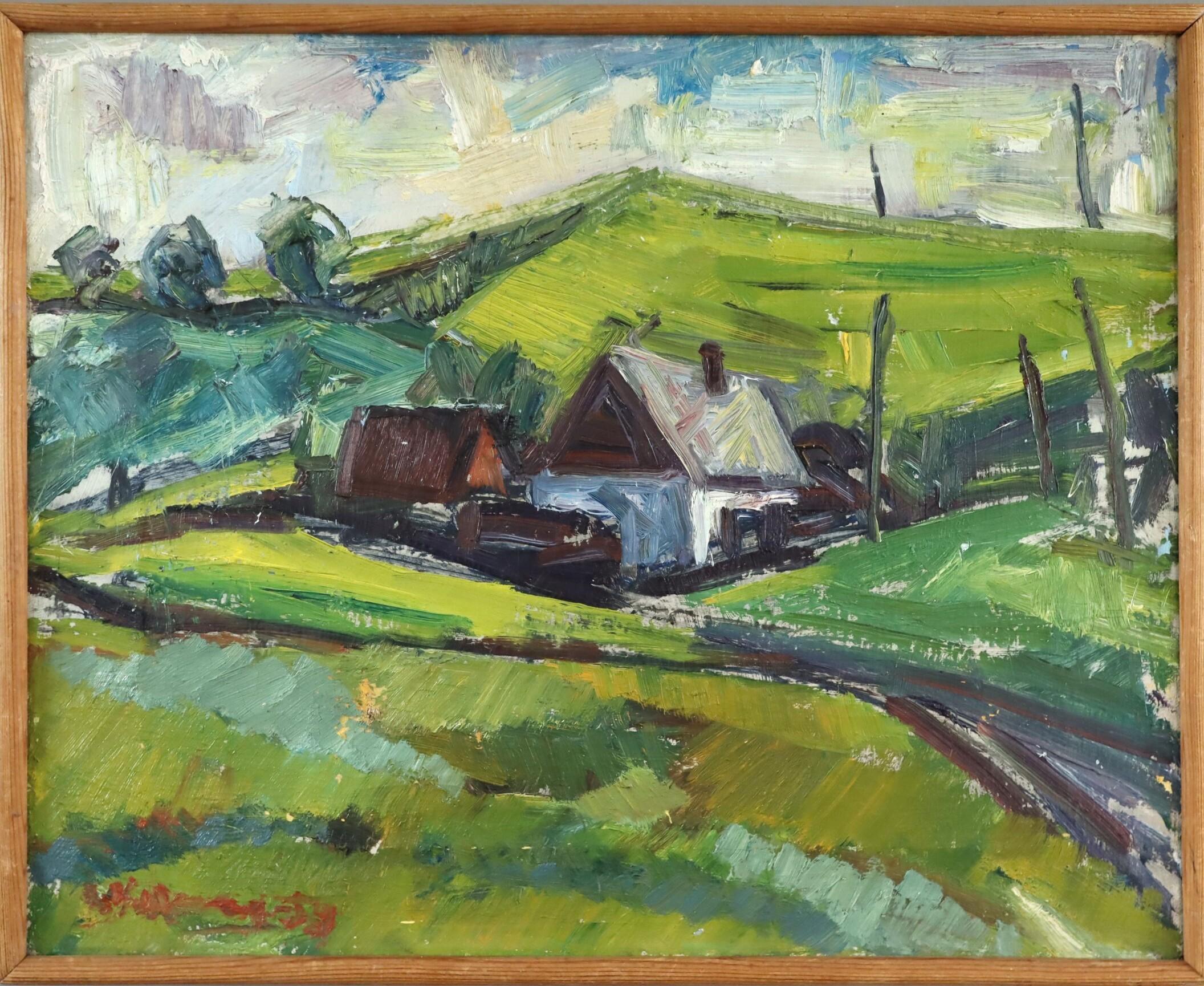 1953 Swedish Expressive Landscape Oil Painting - Cottage Among Green Hills