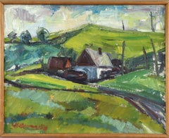 1953 Swedish Expressive Landscape Oil Painting - Cottage Among Green Hills