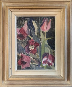 1953 Vintage Mid Century Modern Floral Still Life Oil Painting - Tulips in Bloom