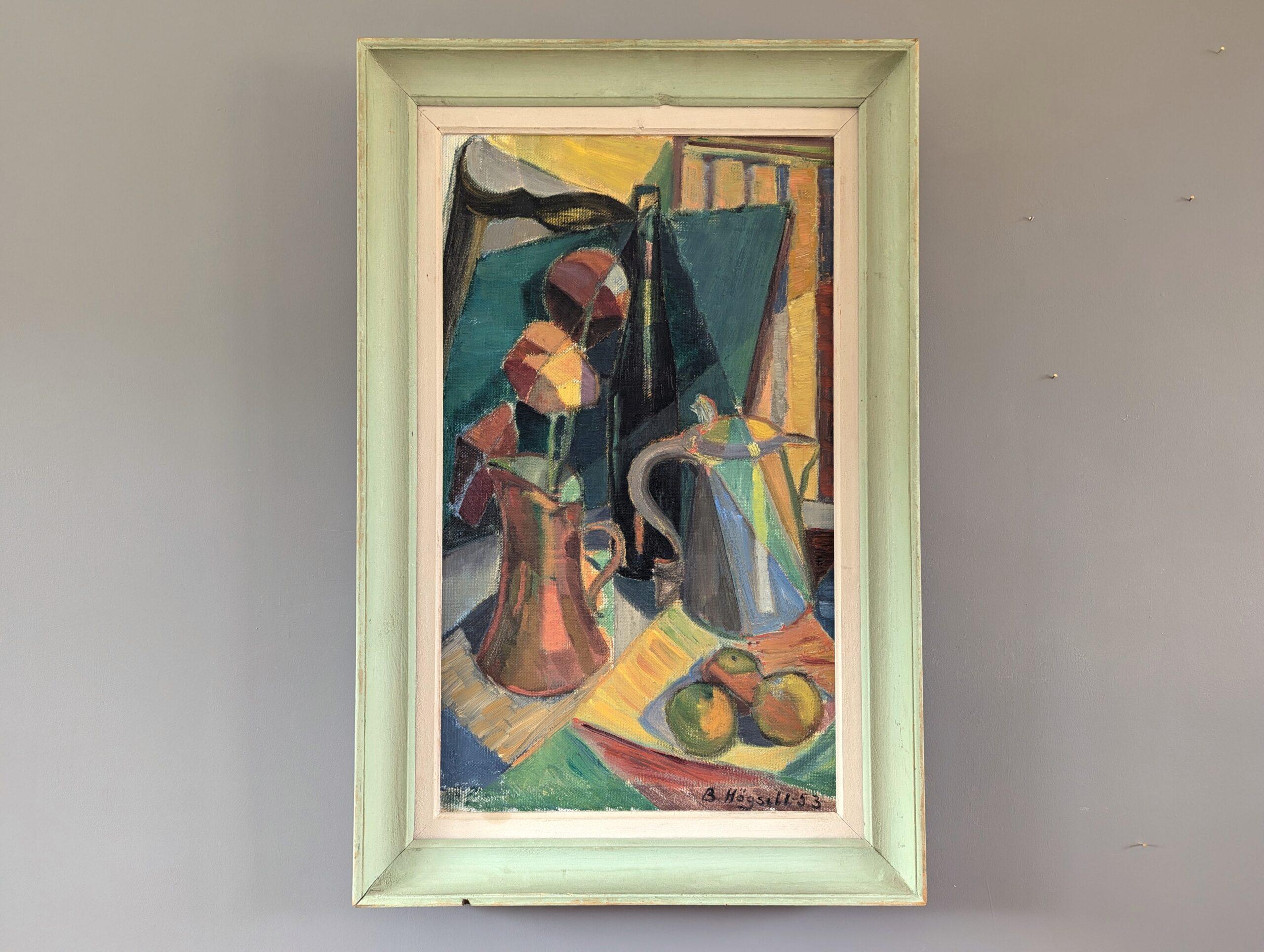 1953 Vintage Mid-Century Modern Still Life Oil Painting - Frutta e brocche - Still-Life Painting Beige di Unknown
