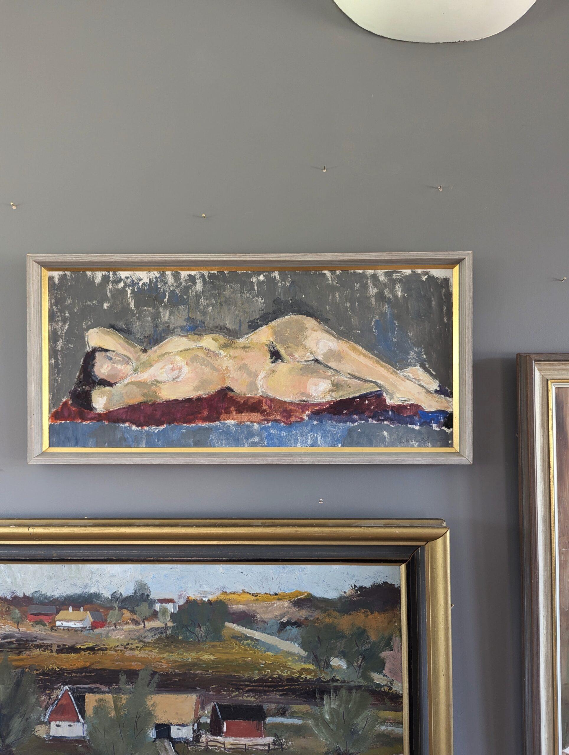 1954 Pintura al óleo figurativa expresiva moderna de mediados de siglo - Reposo tranquilo - Nude Painting Gris de Unknown