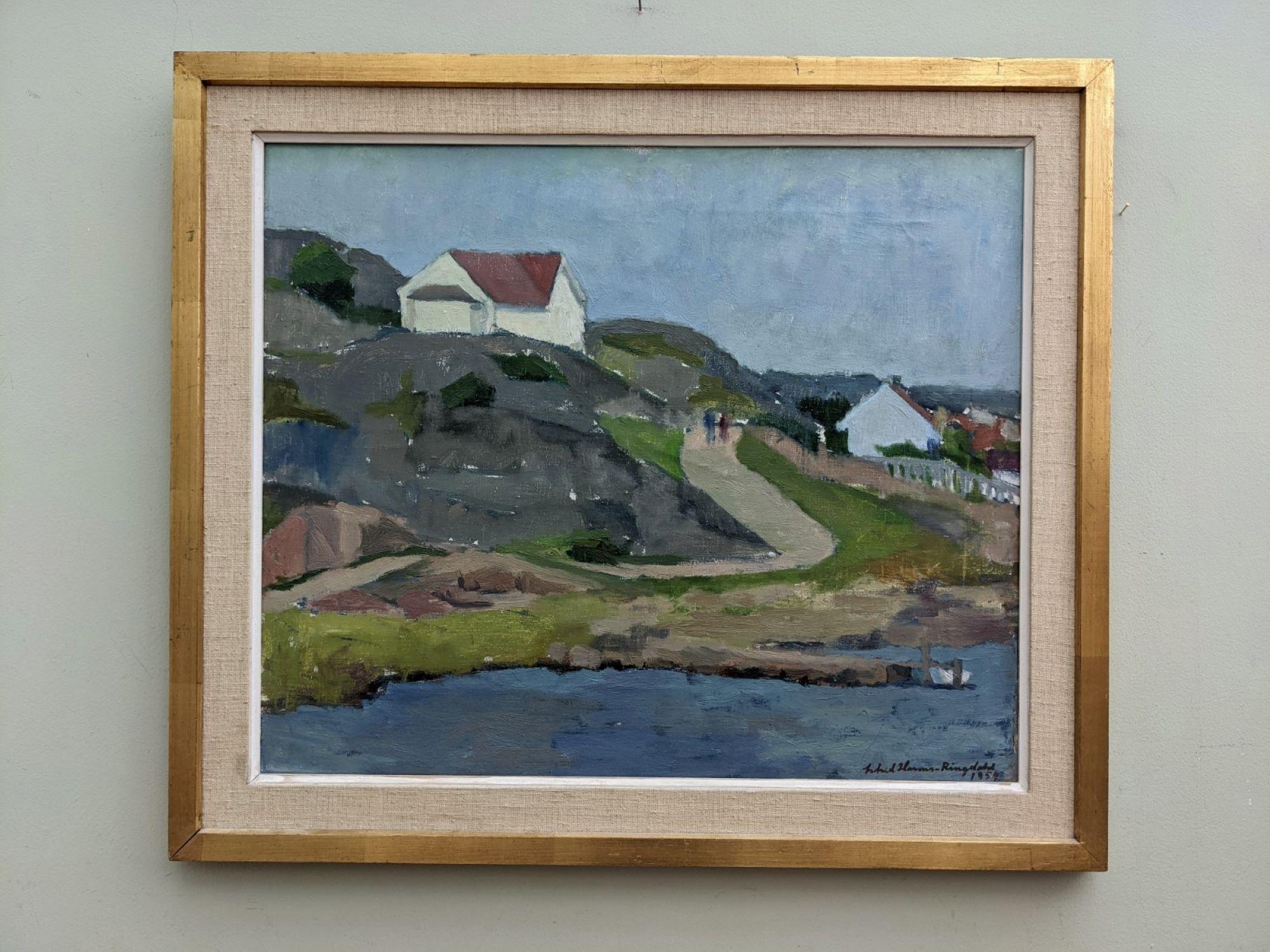 Unknown Landscape Painting - 1954 Mid Century Modern Landscape Framed Oil Painting - Walking the Archipelago