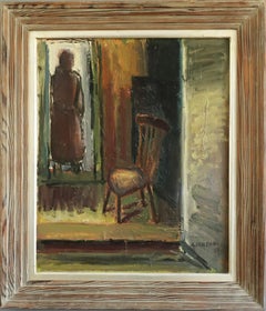 1954 Mid Century Modernes Schwedisches Interieur Ölgemälde - Figur in der Türöffnung
